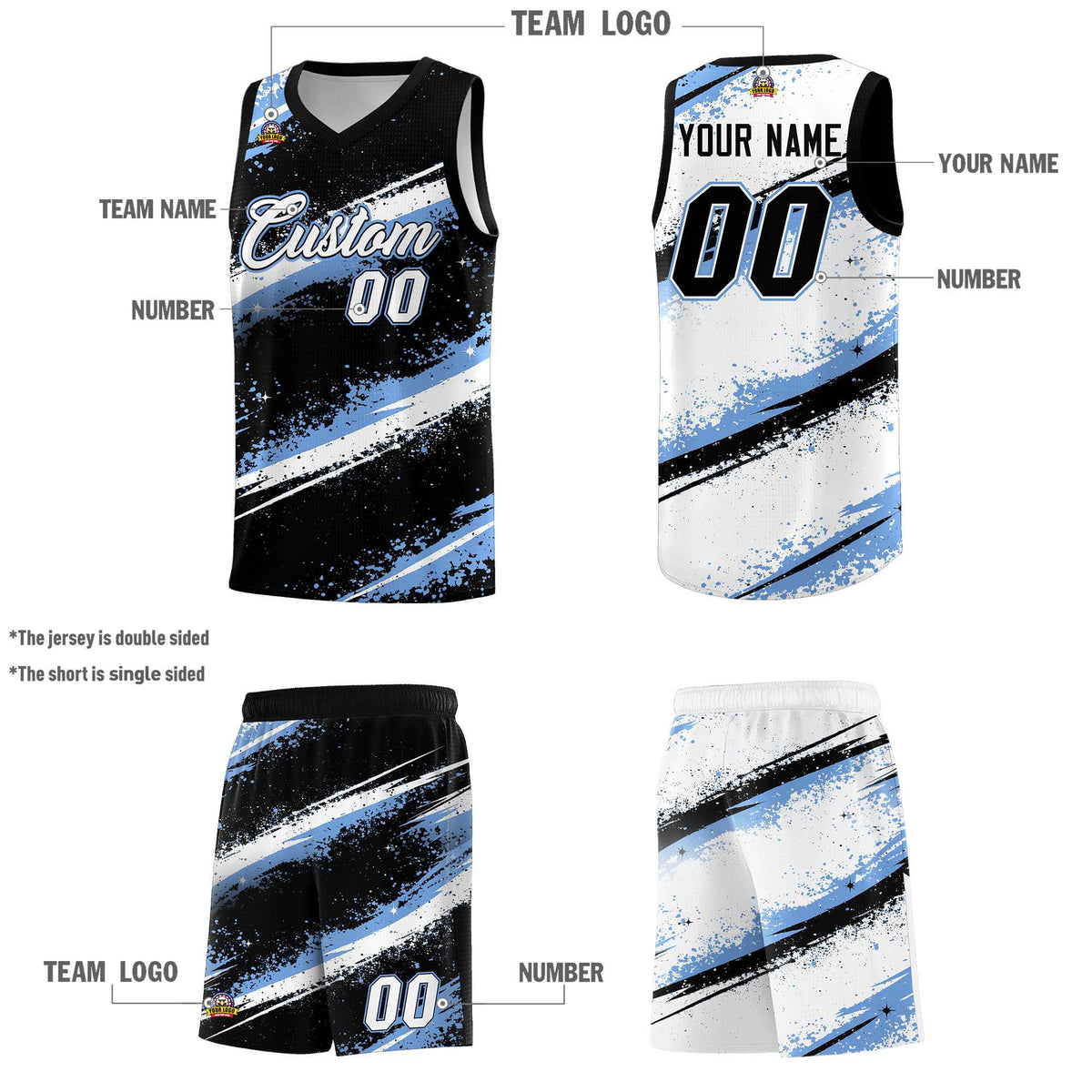 Custom Black Light Blue White Basketball Jersey Stellar Strike Series Splash Quick-Drying