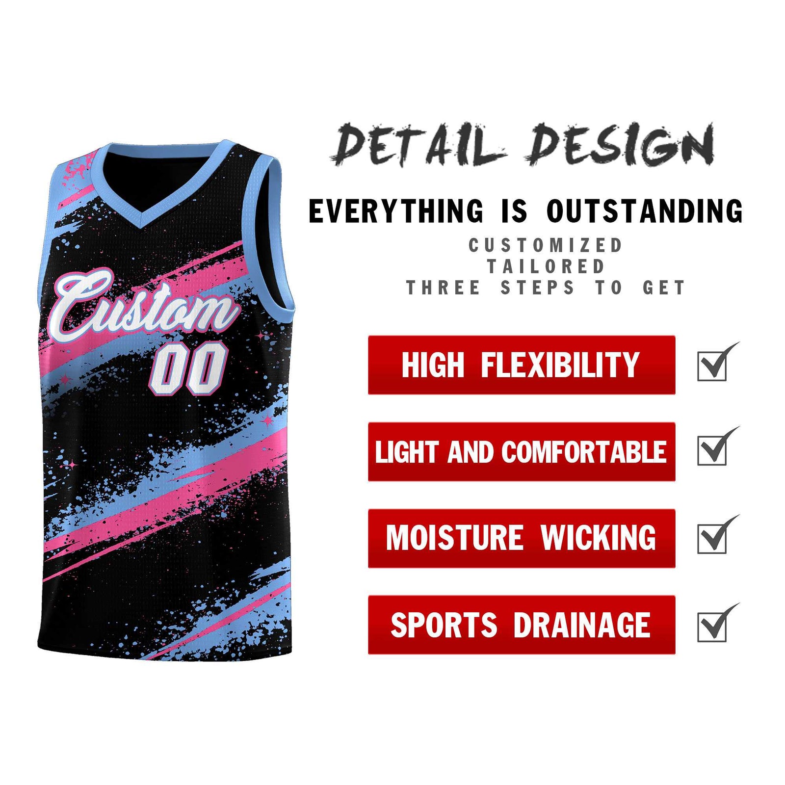 Custom Black Pink Light Blue Basketball Jersey Stellar Strike Series Reversible Lightweight