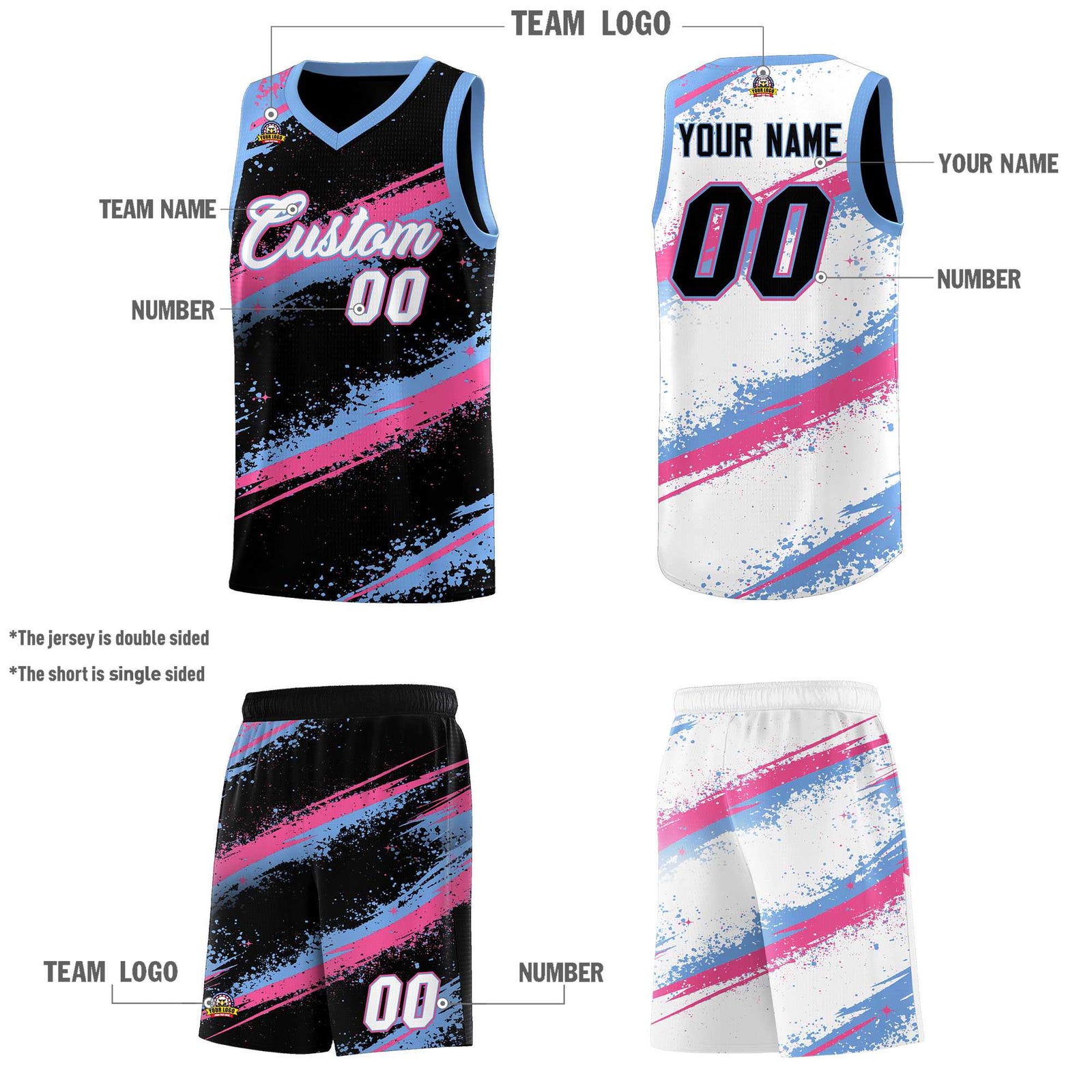 Custom Black Pink Light Blue Basketball Jersey Stellar Strike Series Reversible Lightweight