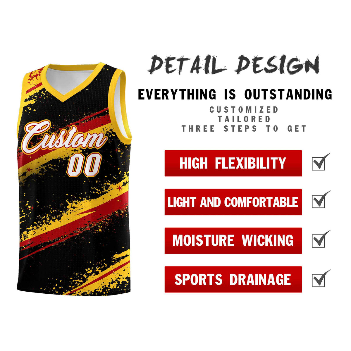 Custom Black Yellow Red Basketball Jersey Stellar Strike Series Dynamic Wrinkle-Resistant