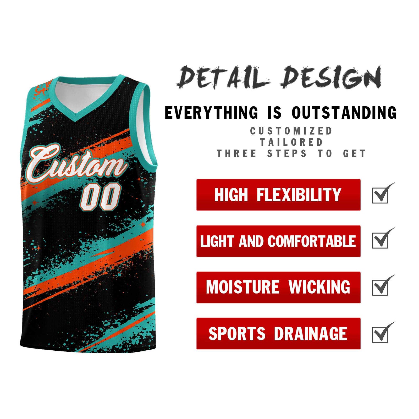 Custom Black Aqua Orange Basketball Jersey Stellar Strike Series Velocity Drapable