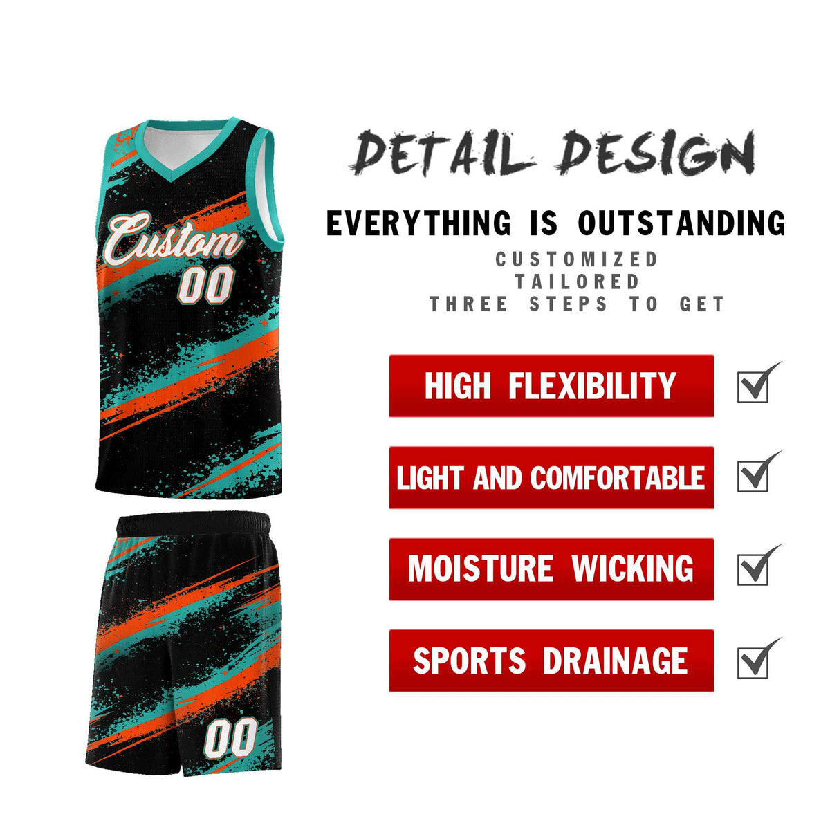 Custom Black Aqua Orange Basketball Jersey Stellar Strike Series Velocity Drapable