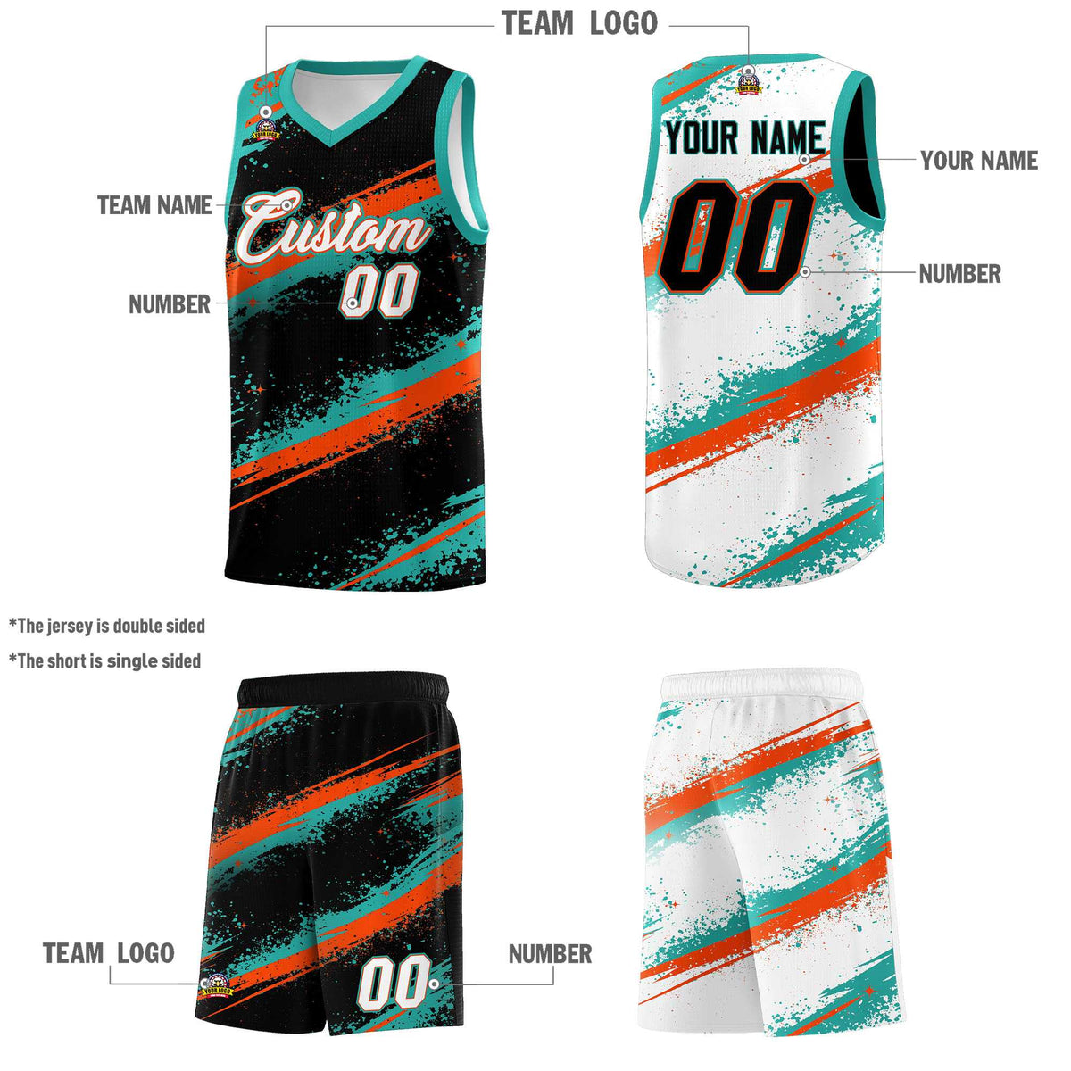 Custom Black Aqua Orange Basketball Jersey Stellar Strike Series Velocity Drapable