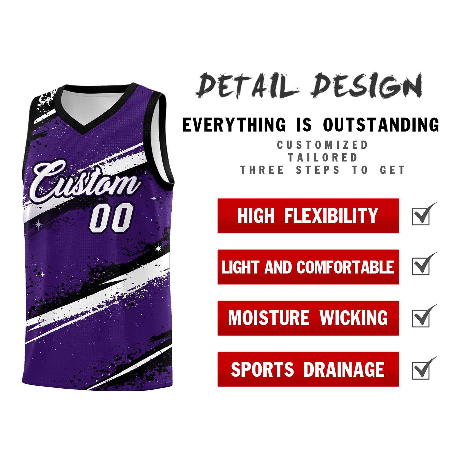 Custom Purple Black White Basketball Jersey Stellar Strike Series Impact Breathable