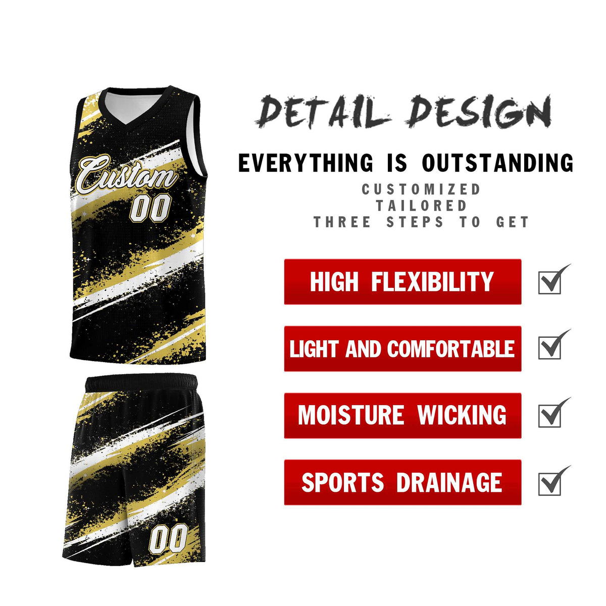 Custom Black Old Gold White Basketball Jersey Stellar Strike Series Reversible Wrinkle-Resistant