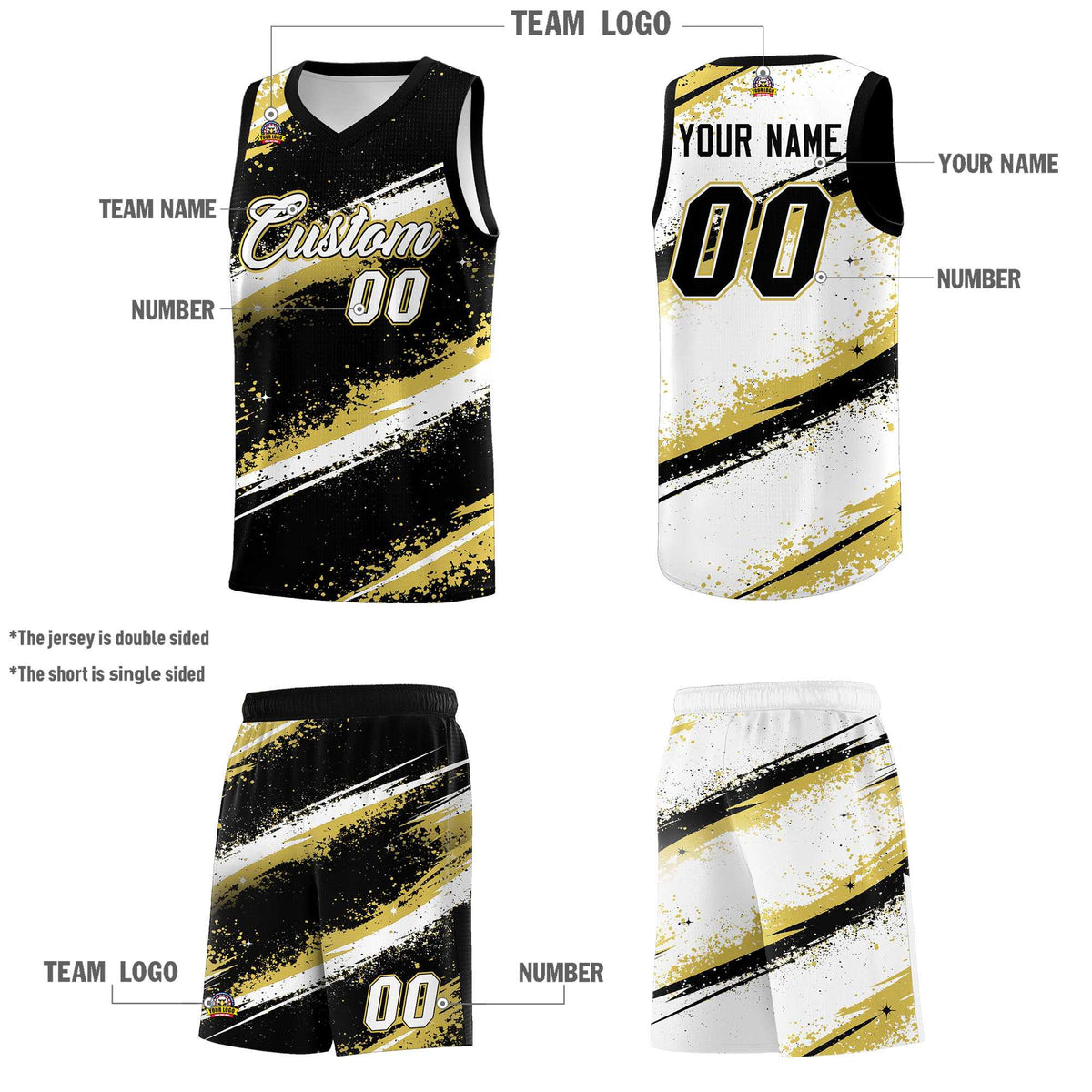 Custom Black Old Gold White Basketball Jersey Stellar Strike Series Reversible Wrinkle-Resistant