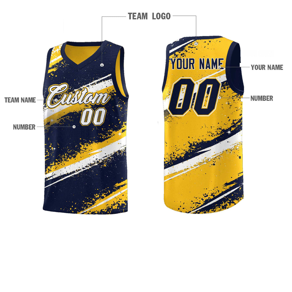Custom Navy Yellow White Basketball Jersey Stellar Strike Series Velocity Sublimation Printing