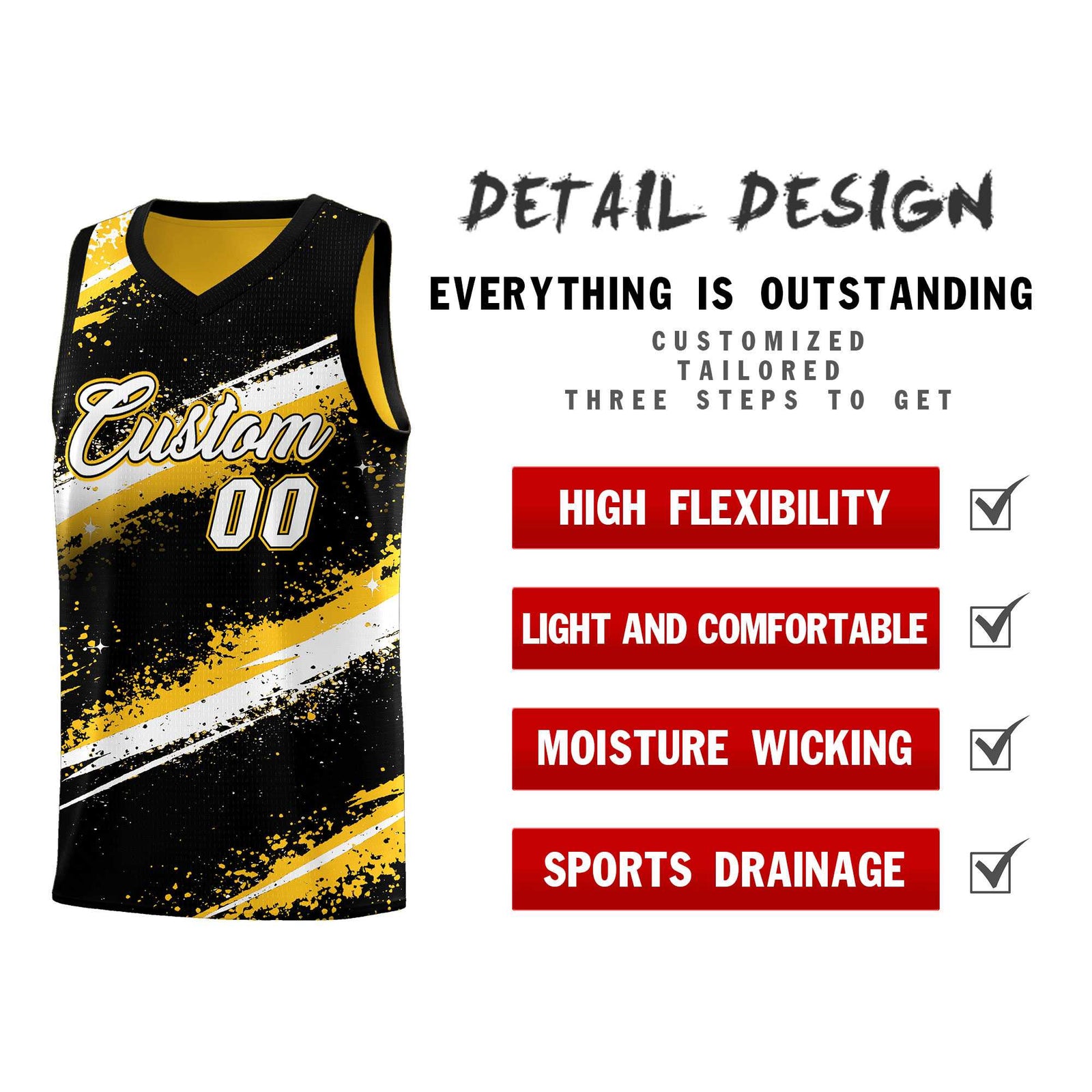 Custom Black Yellow White Basketball Jersey Stellar Strike Series Splash Wrinkle-Resistant