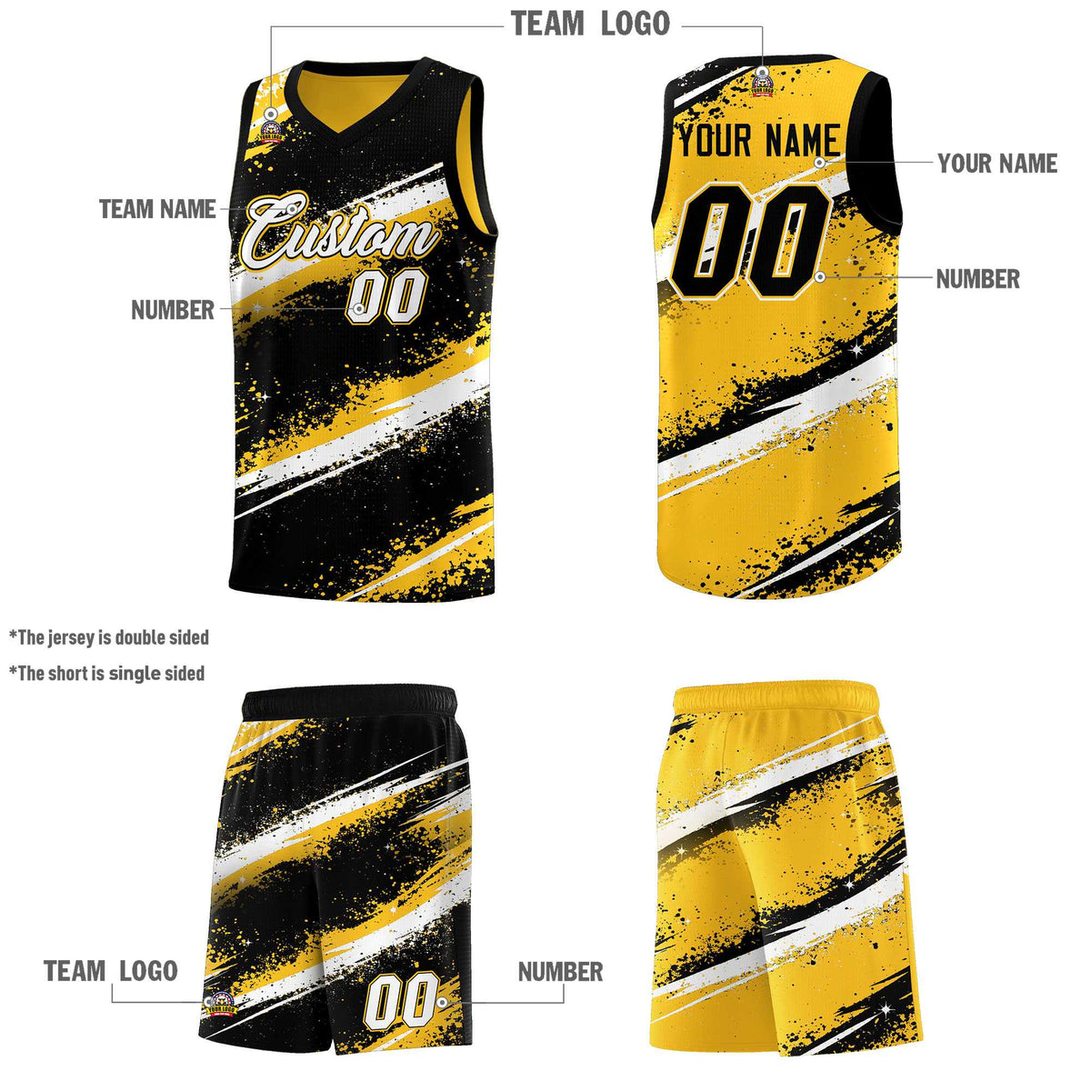 Custom Black Yellow White Basketball Jersey Stellar Strike Series Splash Wrinkle-Resistant