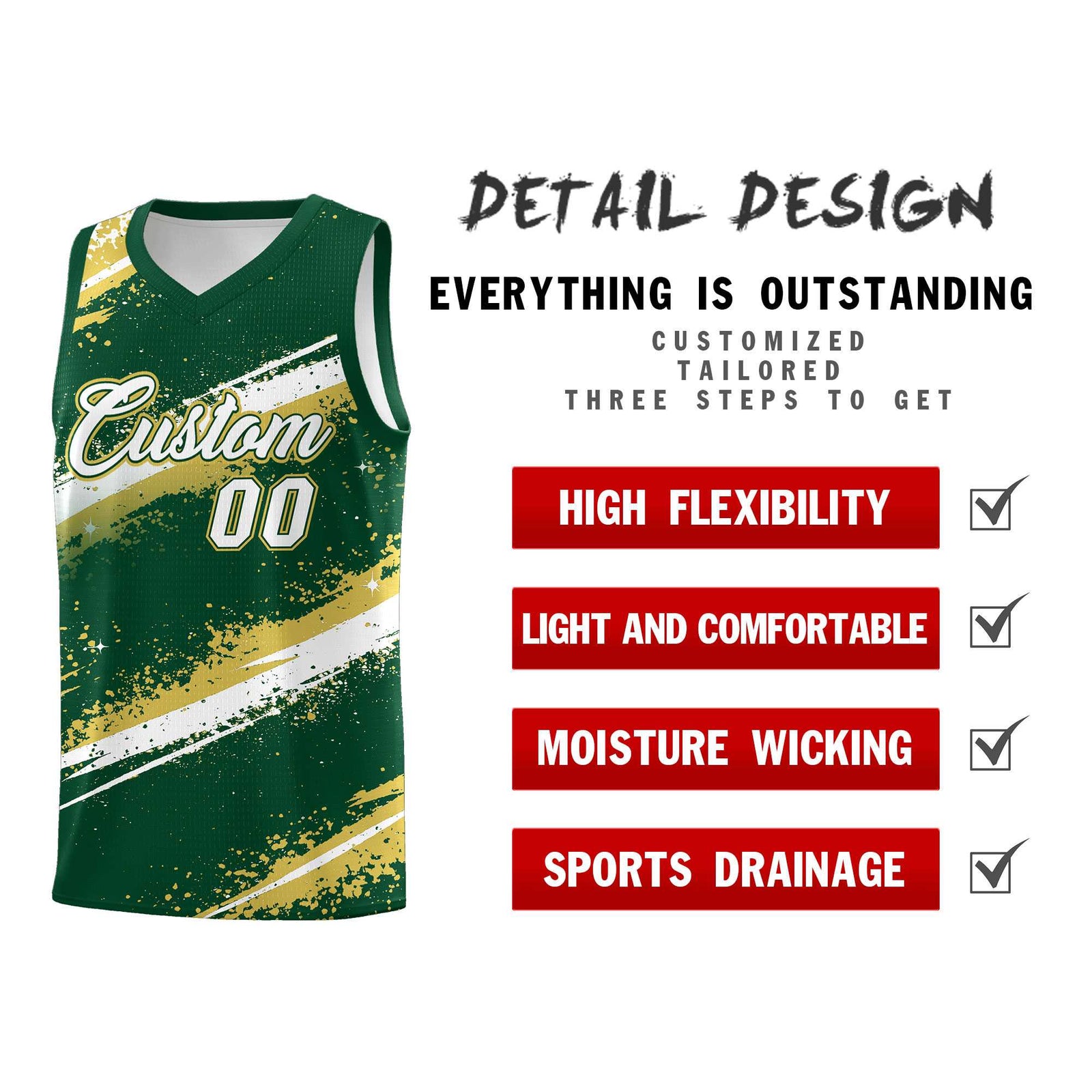 Custom Dark Green Old Gold White Basketball Jersey Stellar Strike Series Splash Drapable