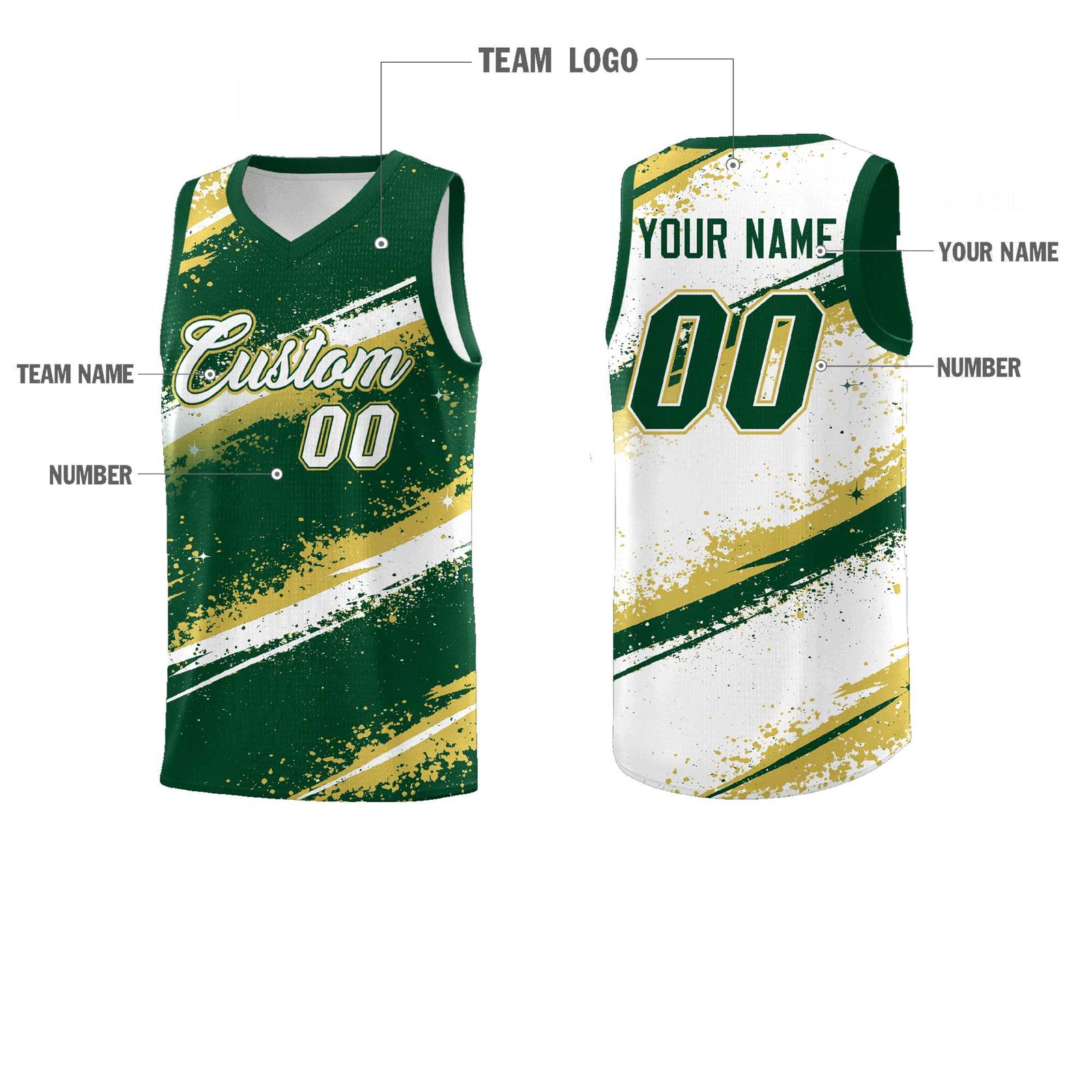 Custom Dark Green Old Gold White Basketball Jersey Stellar Strike Series Splash Drapable