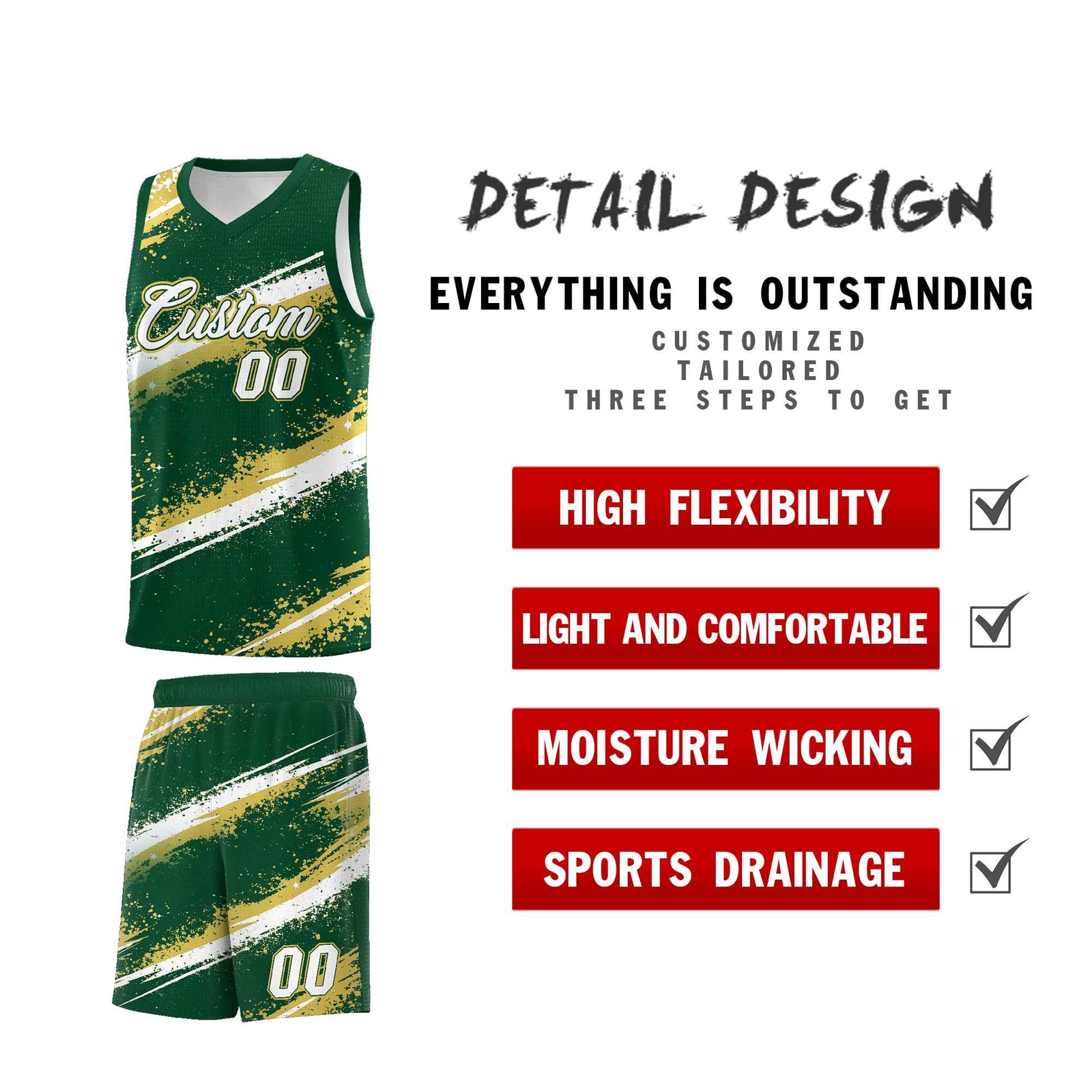 Custom Dark Green Old Gold White Basketball Jersey Stellar Strike Series Splash Drapable