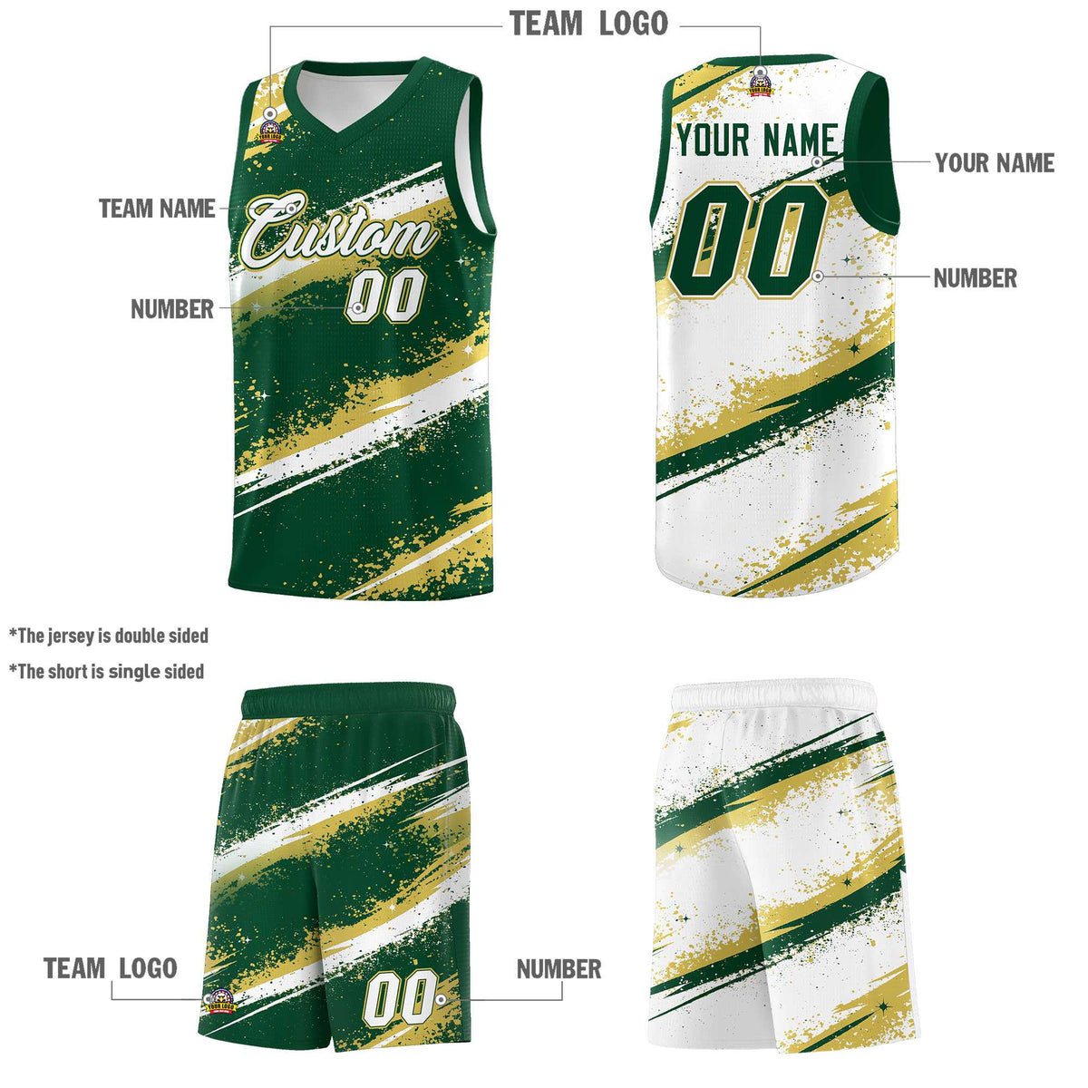 Custom Dark Green Old Gold White Basketball Jersey Stellar Strike Series Splash Drapable