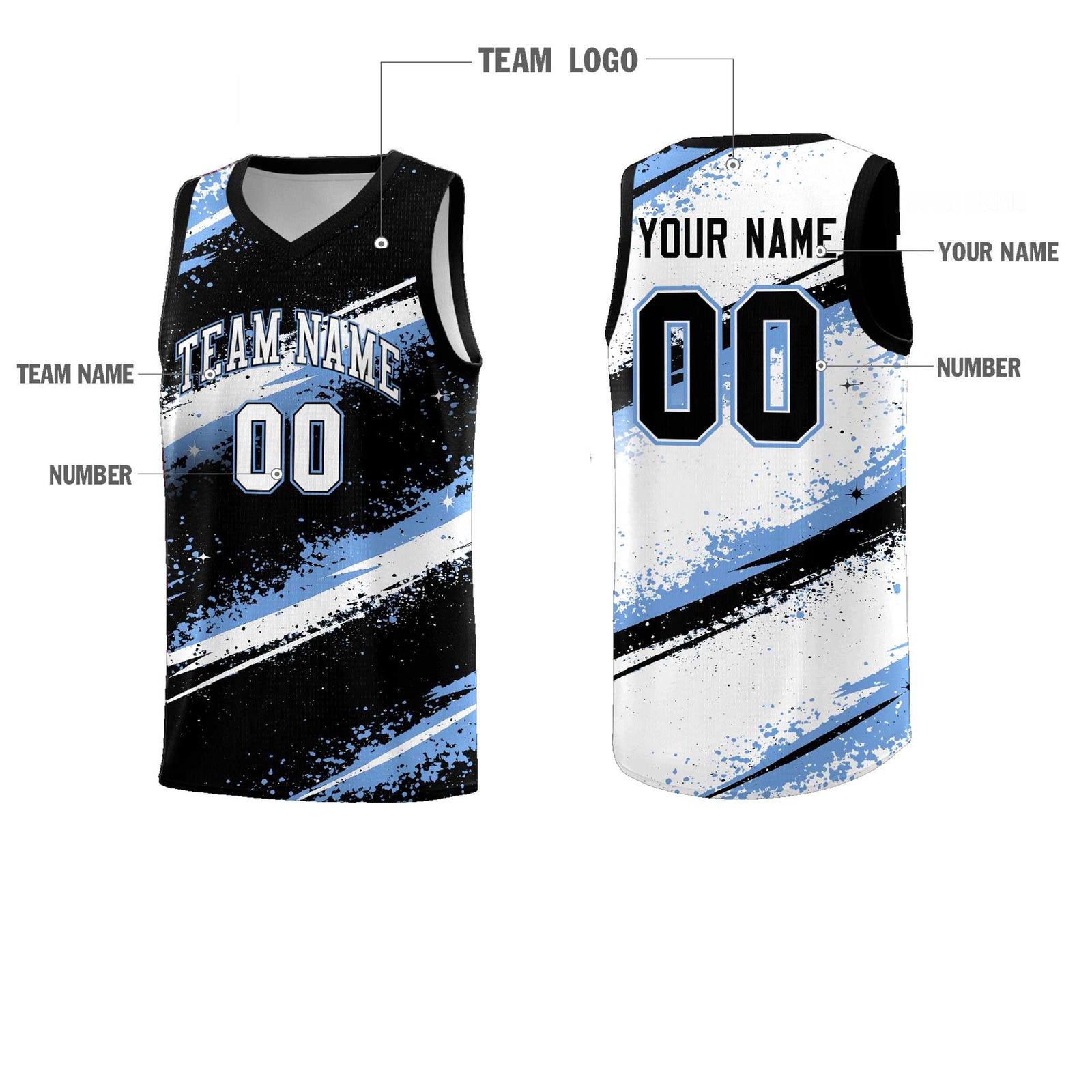 Custom Black Light Blue White Basketball Jersey Stellar Strike Series Splash Quick-Drying