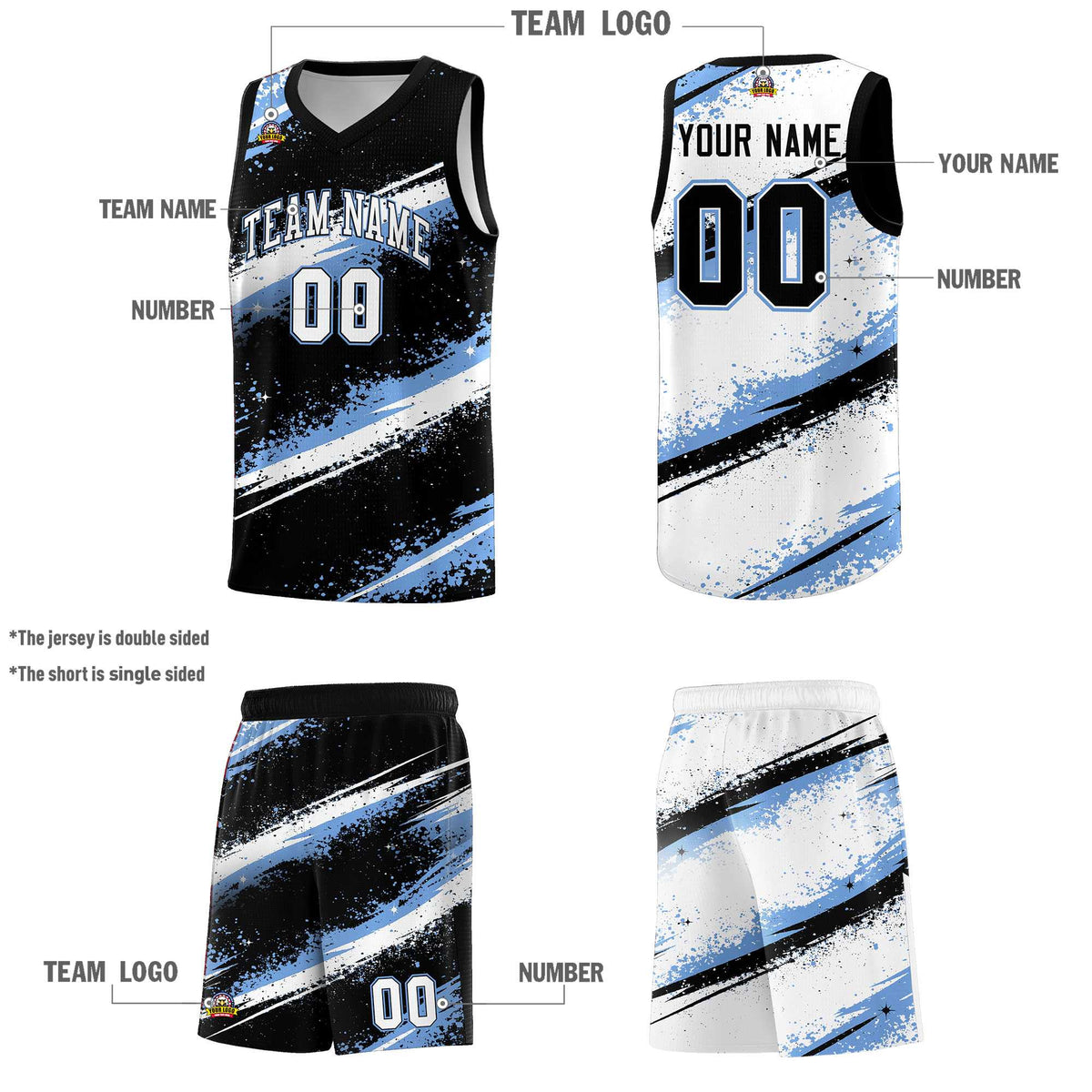 Custom Black Light Blue White Basketball Jersey Stellar Strike Series Splash Quick-Drying