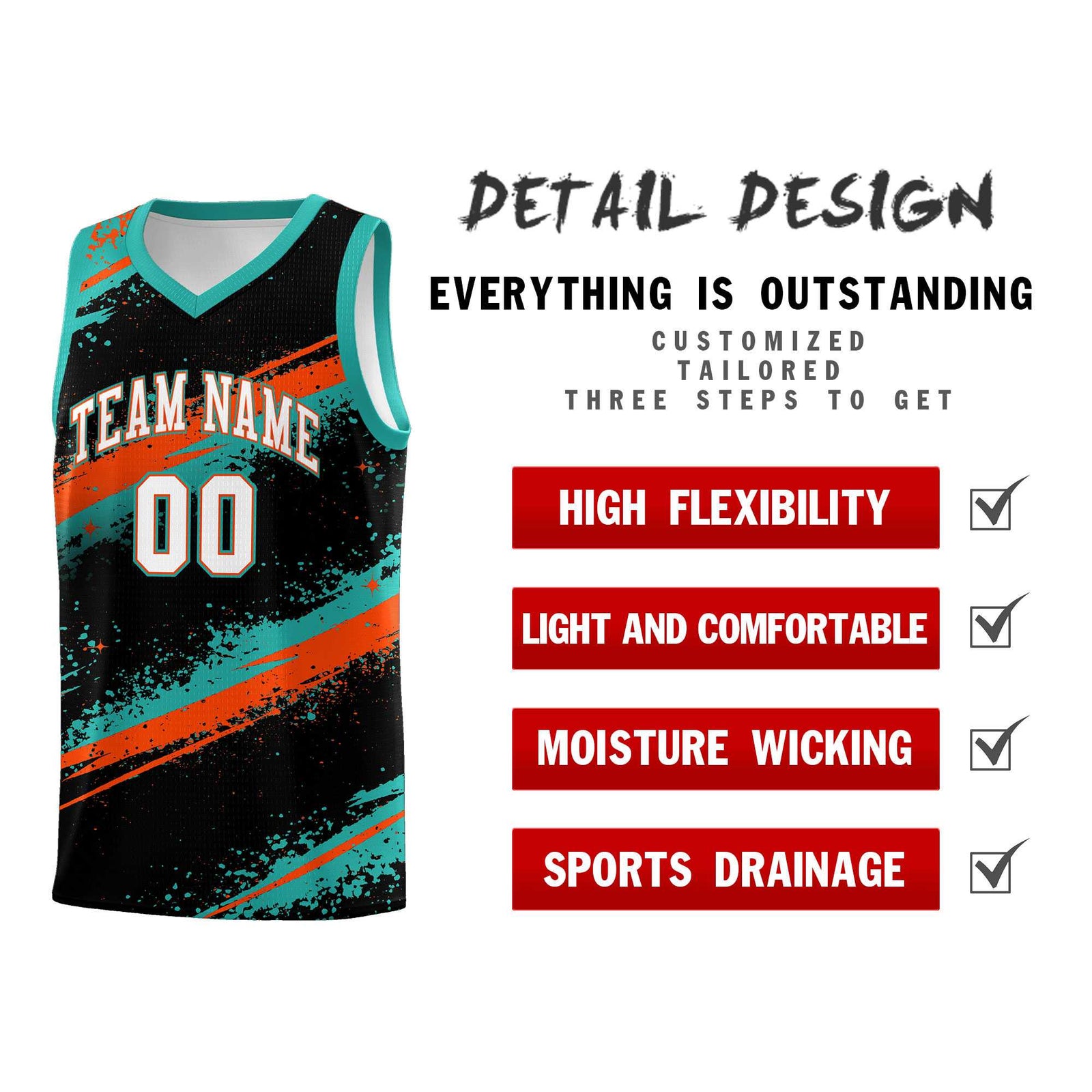Custom Black Aqua Orange Basketball Jersey Stellar Strike Series Velocity Drapable
