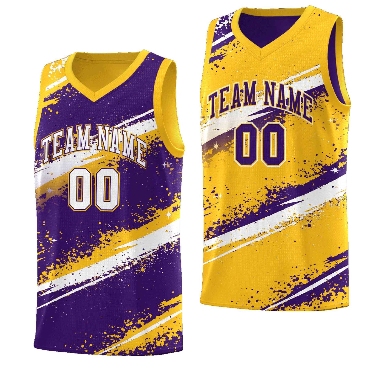 Custom Purple Yellow White Basketball Jersey Stellar Strike Series Cosmic Sublimation Printing