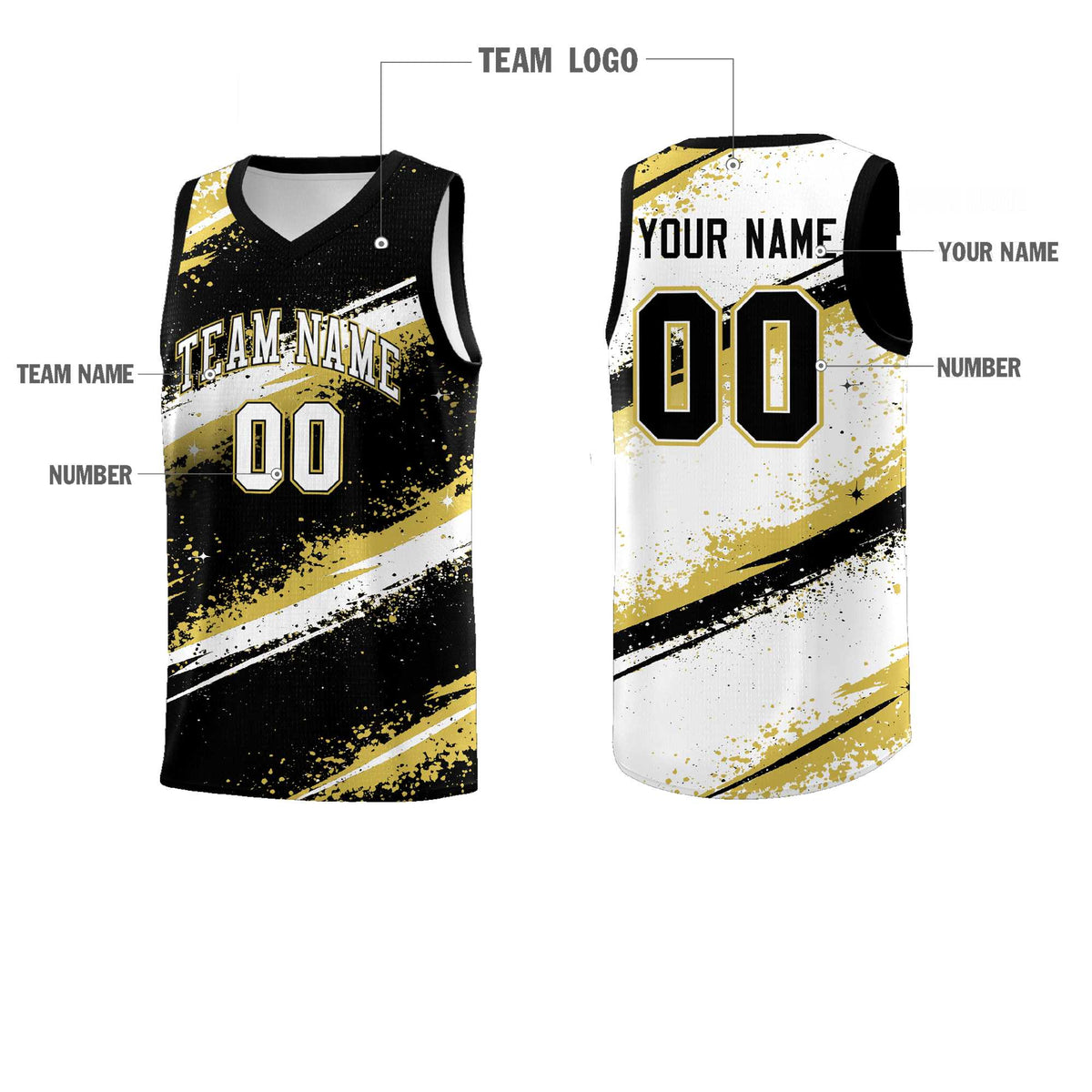Custom Black Old Gold White Basketball Jersey Stellar Strike Series Reversible Wrinkle-Resistant