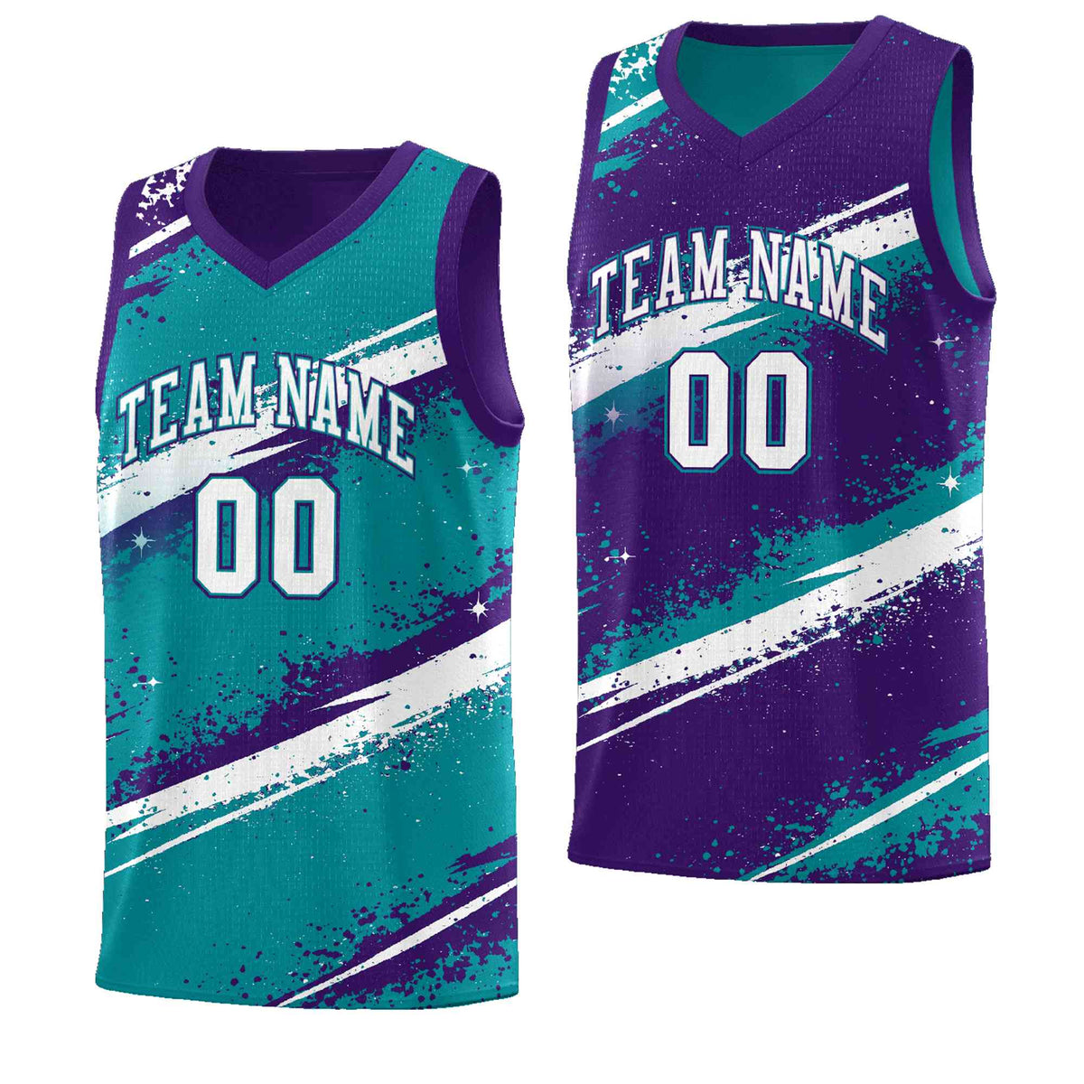 Custom Teal Purple White Basketball Jersey Stellar Strike Series Reversible Drapable