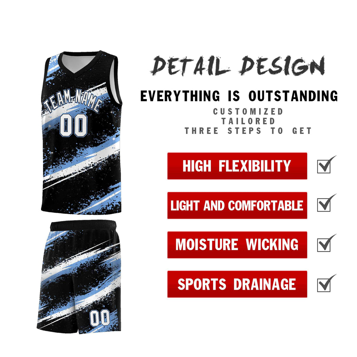 Custom Black Light Blue White Basketball Jersey Stellar Strike Series Splash Quick-Drying