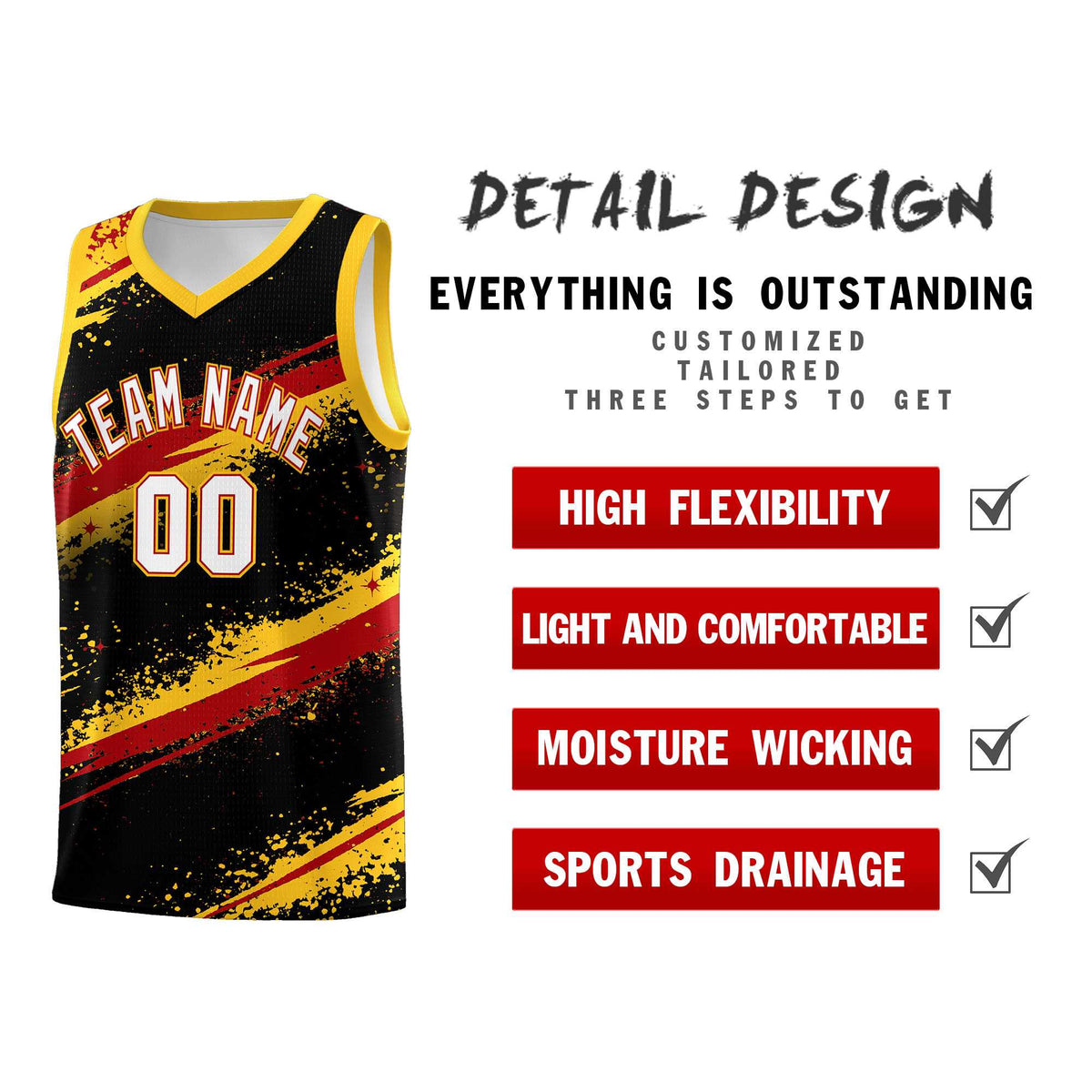 Custom Black Yellow Red Basketball Jersey Stellar Strike Series Dynamic Wrinkle-Resistant