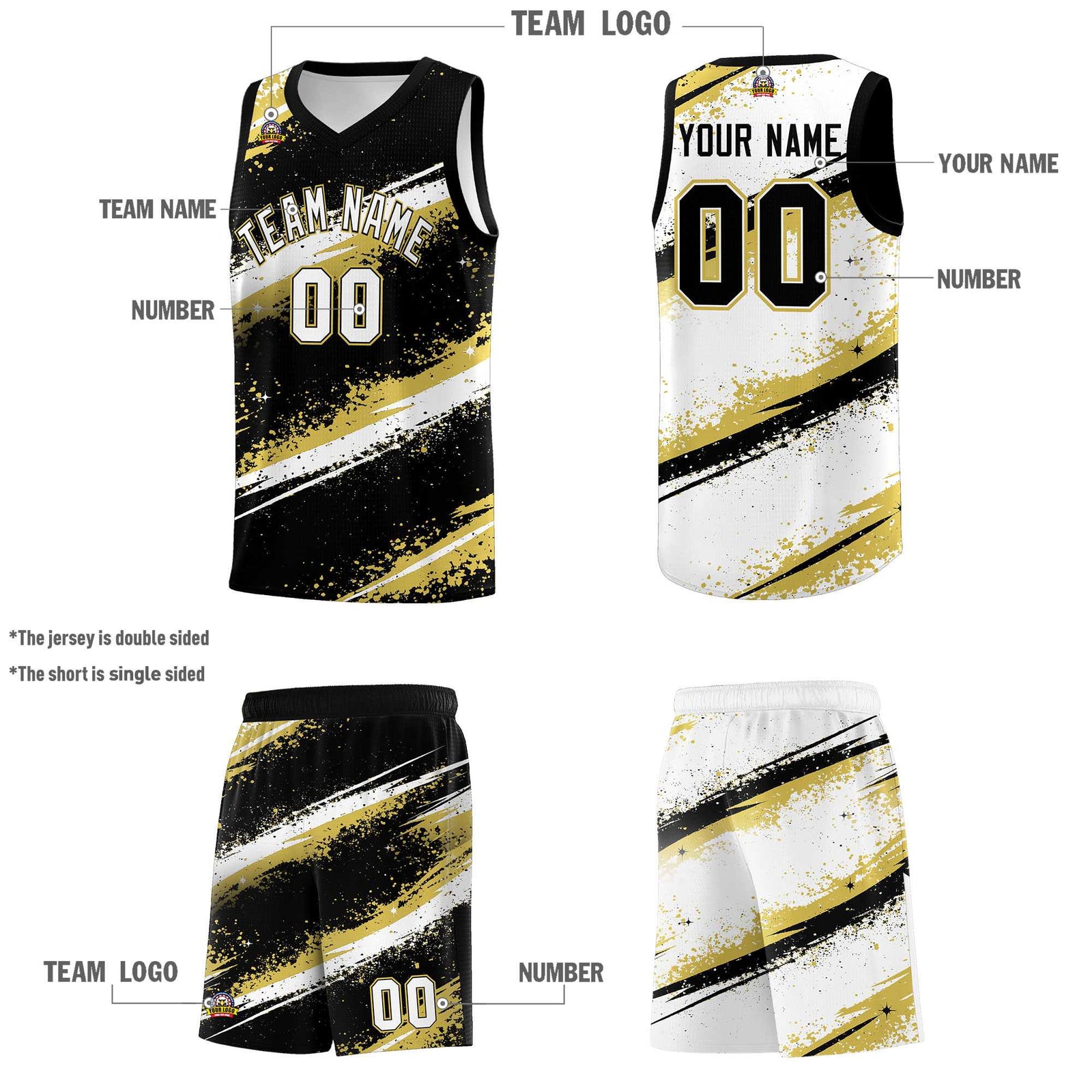 Custom Black Old Gold White Basketball Jersey Stellar Strike Series Reversible Wrinkle-Resistant