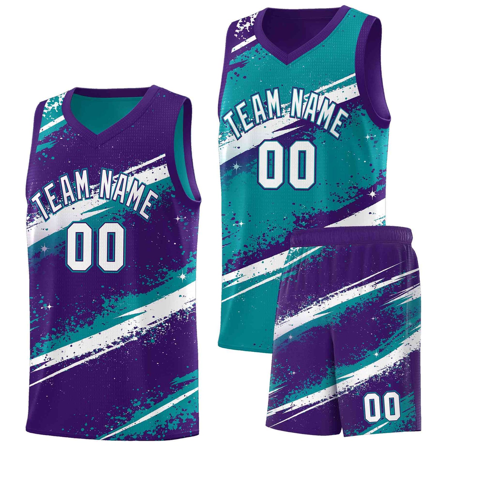 Custom Teal Purple White Basketball Jersey Stellar Strike Series Reversible Drapable