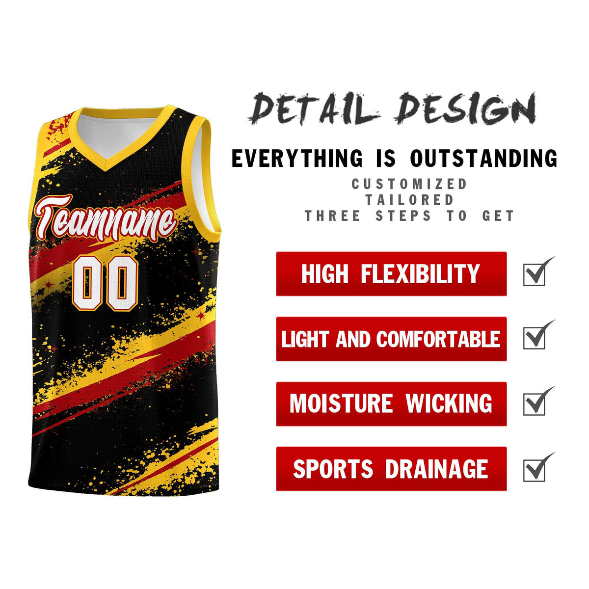 Custom Black Yellow Red Basketball Jersey Stellar Strike Series Dynamic Wrinkle-Resistant