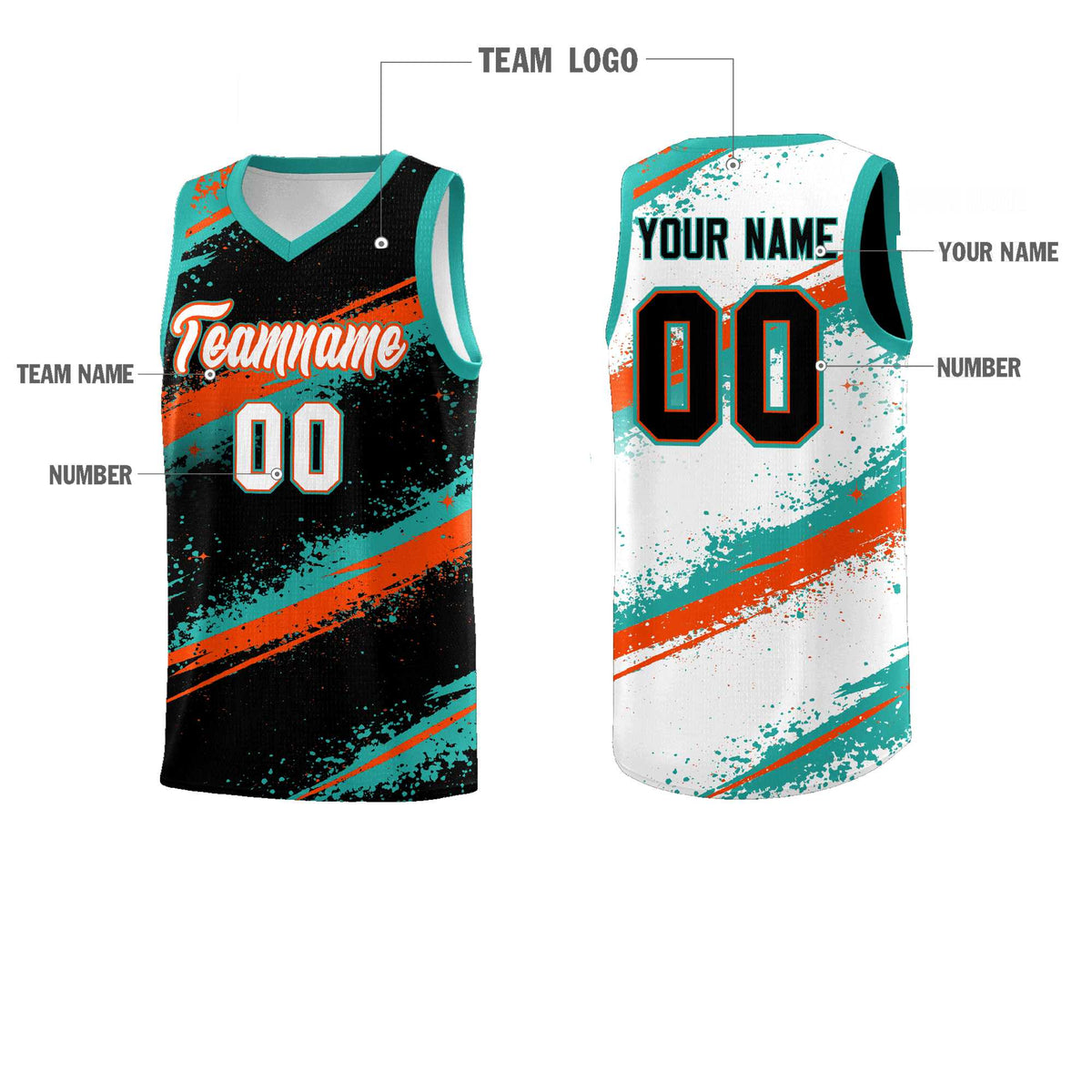 Custom Black Aqua Orange Basketball Jersey Stellar Strike Series Velocity Drapable