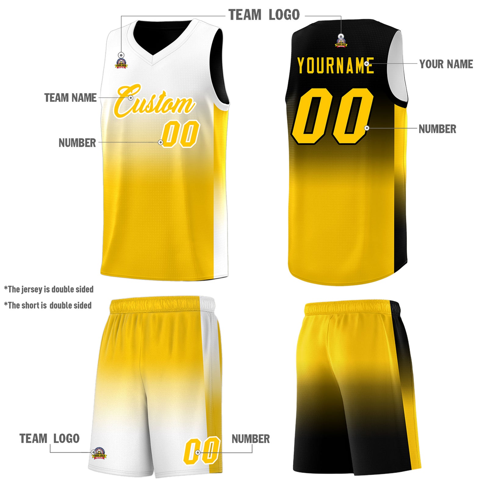 Fans-Made | Custom Black/White Yellow Gradient Fashion Double Side Sports Uniform Basketball Jersey – Available for Reorder