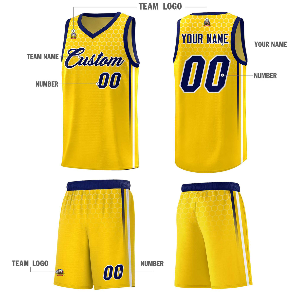 Custom Gold Personalized Honeycomb Pattern Sports Uniform Basketball Jersey