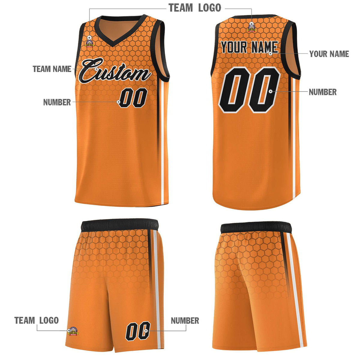 Custom Gold Orange Personalized Honeycomb Pattern Sports Uniform Basketball Jersey