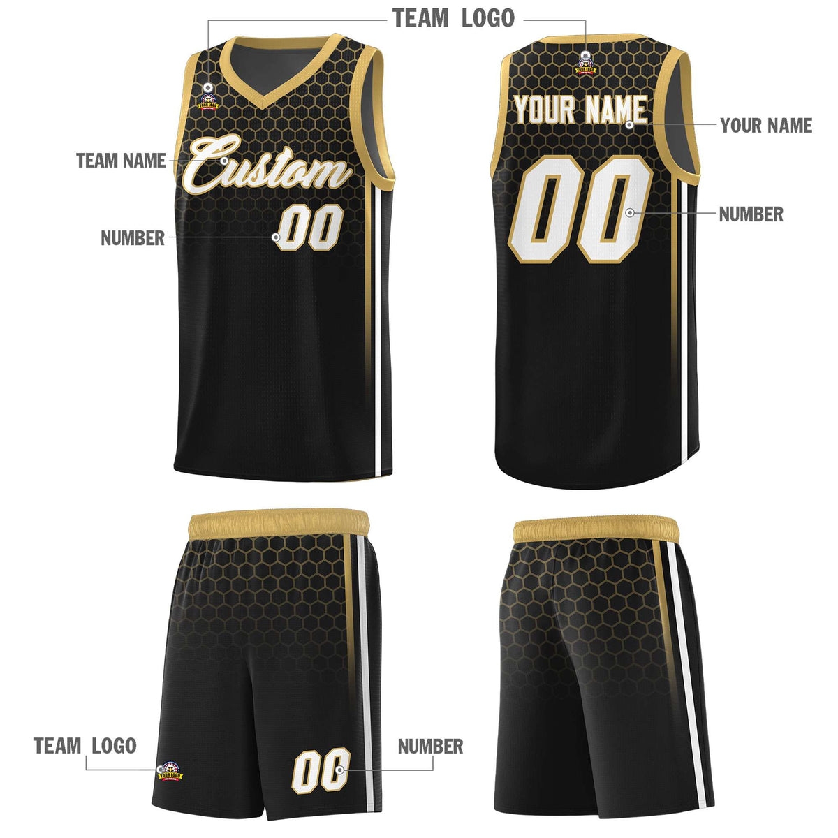 Custom Black Personalized Honeycomb Pattern Sports Uniform Basketball Jersey