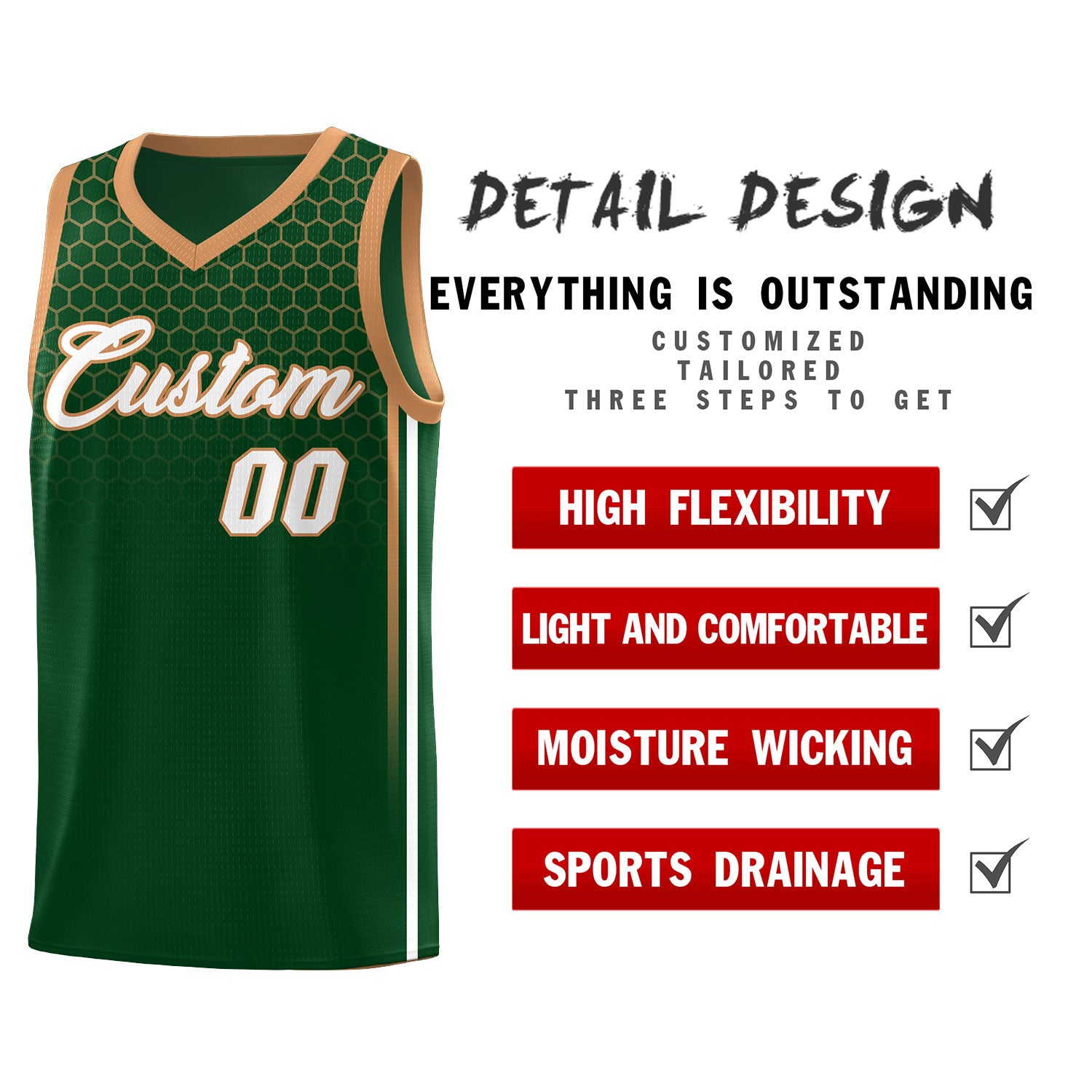 Custom Green Personalized Honeycomb Pattern Sports Uniform Basketball Jersey