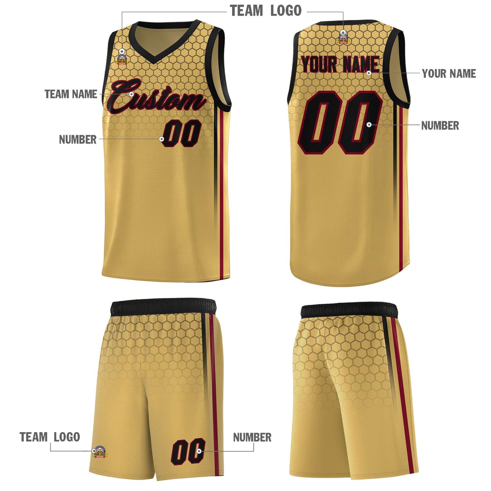 Custom Old Gold Personalized Honeycomb Pattern Sports Uniform Basketball Jersey