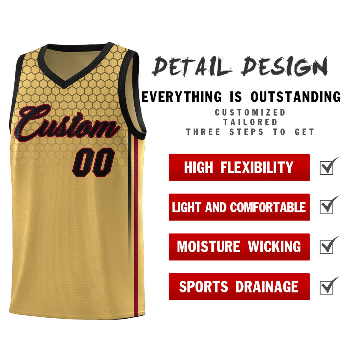 Custom Old Gold Personalized Honeycomb Pattern Sports Uniform Basketball Jersey