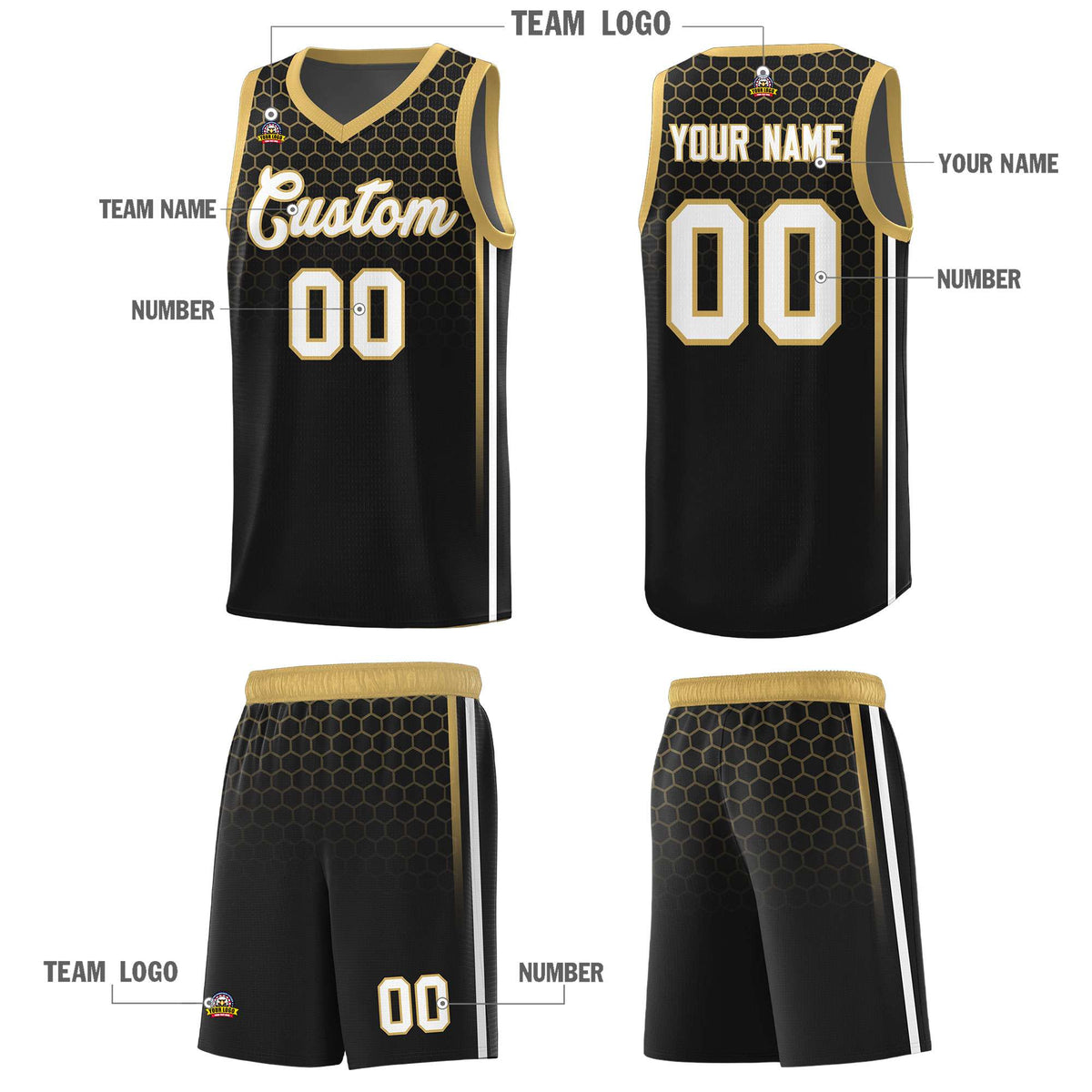 Custom Black Personalized Honeycomb Pattern Sports Uniform Basketball Jersey