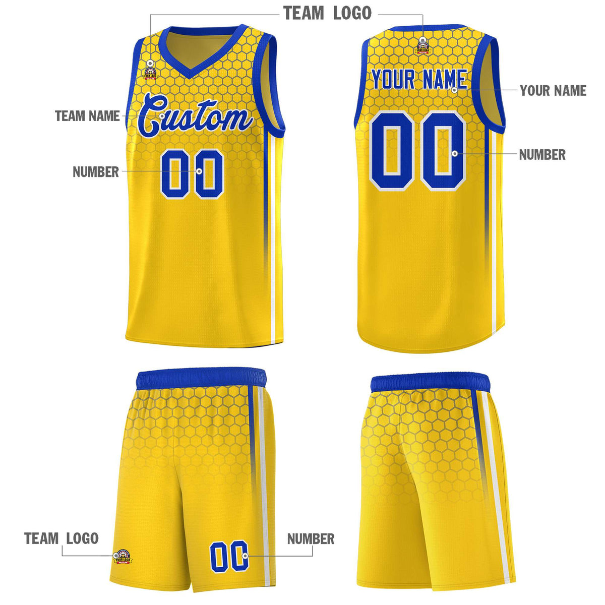 Custom Gold Personalized Honeycomb Pattern Sports Uniform Basketball Jersey