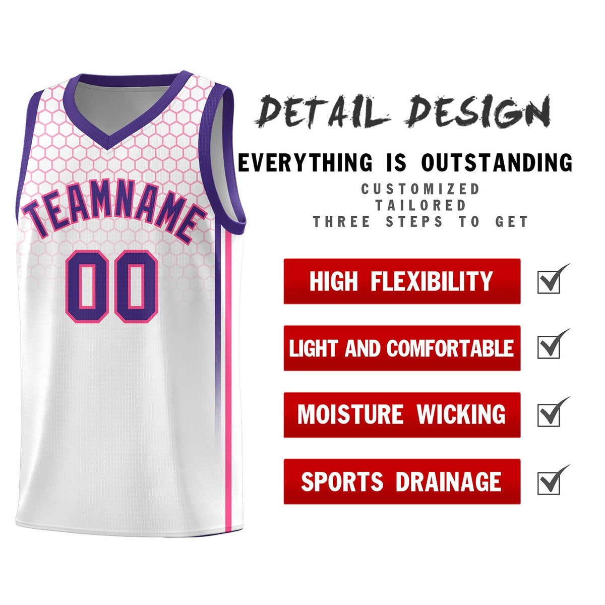 Custom White Personalized Honeycomb Pattern Sports Uniform Basketball Jersey