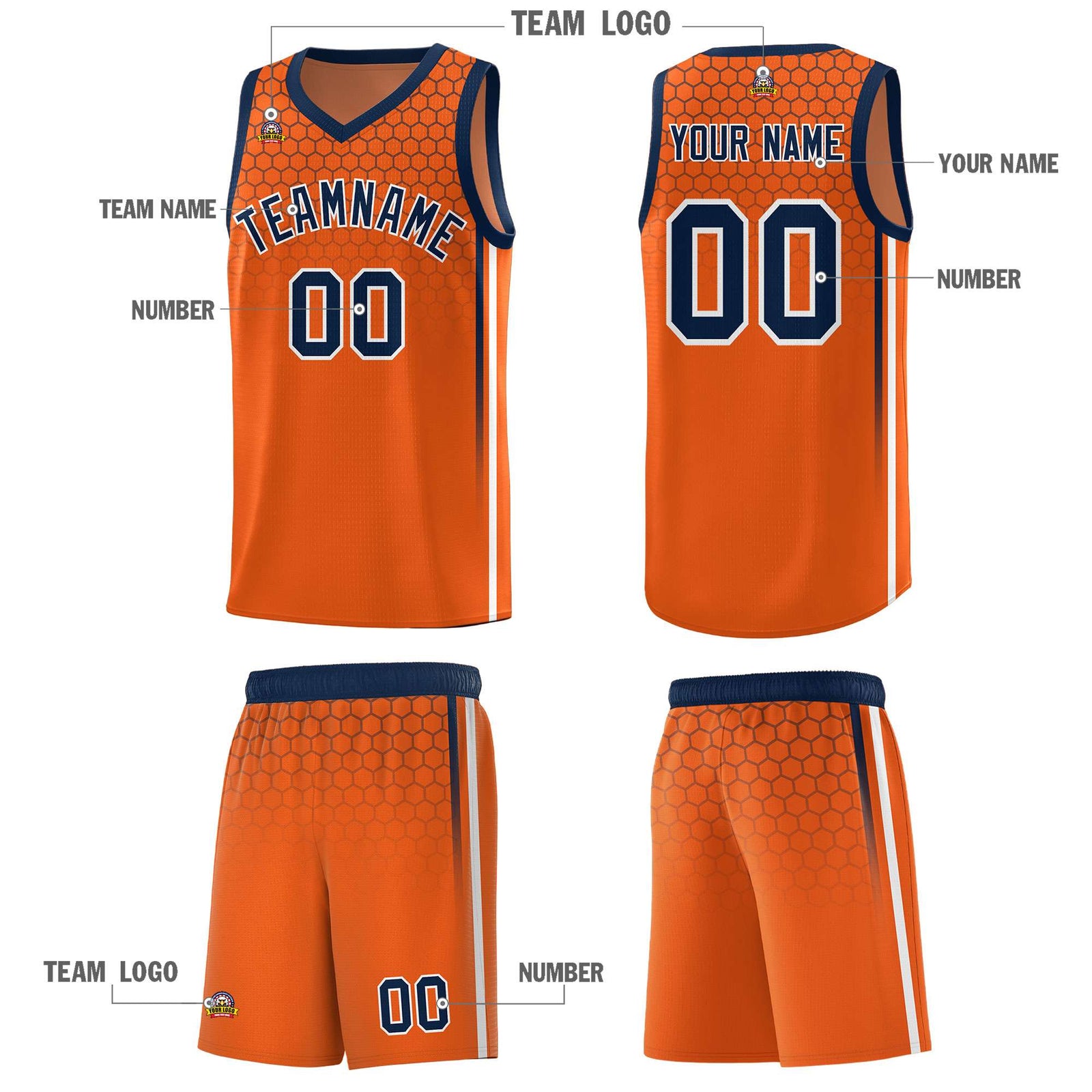 Custom Texas Orange Personalized Honeycomb Pattern Sports Uniform Basketball Jersey