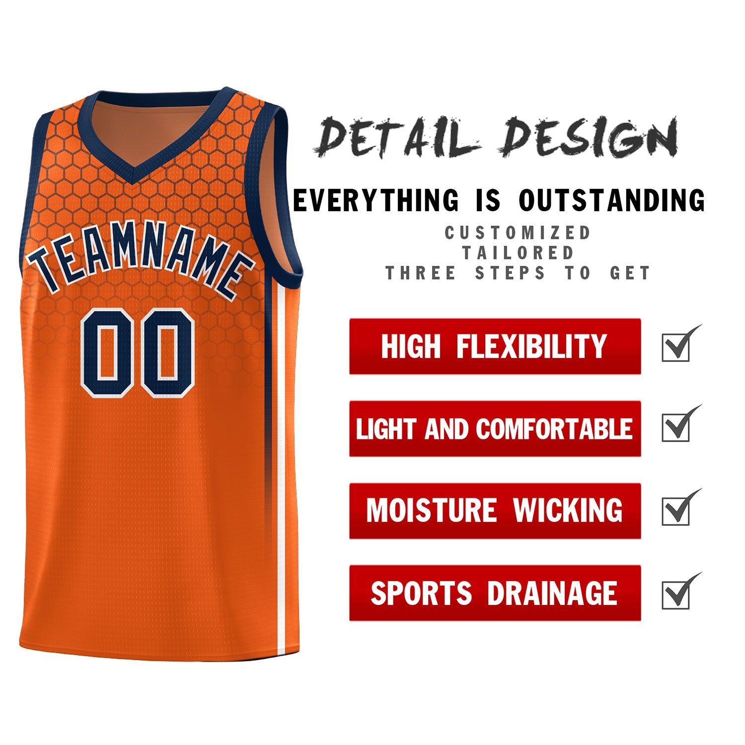 Custom Texas Orange Personalized Honeycomb Pattern Sports Uniform Basketball Jersey