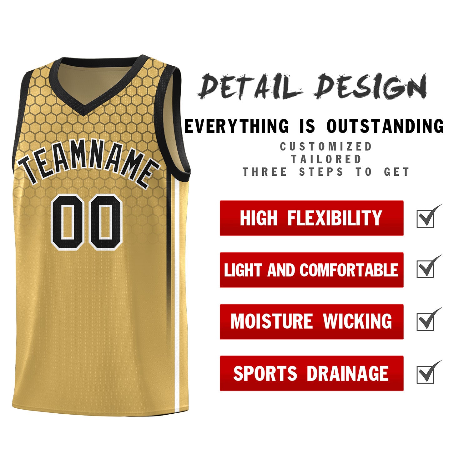 Custom Old Gold Personalized Honeycomb Pattern Sports Uniform Basketball Jersey