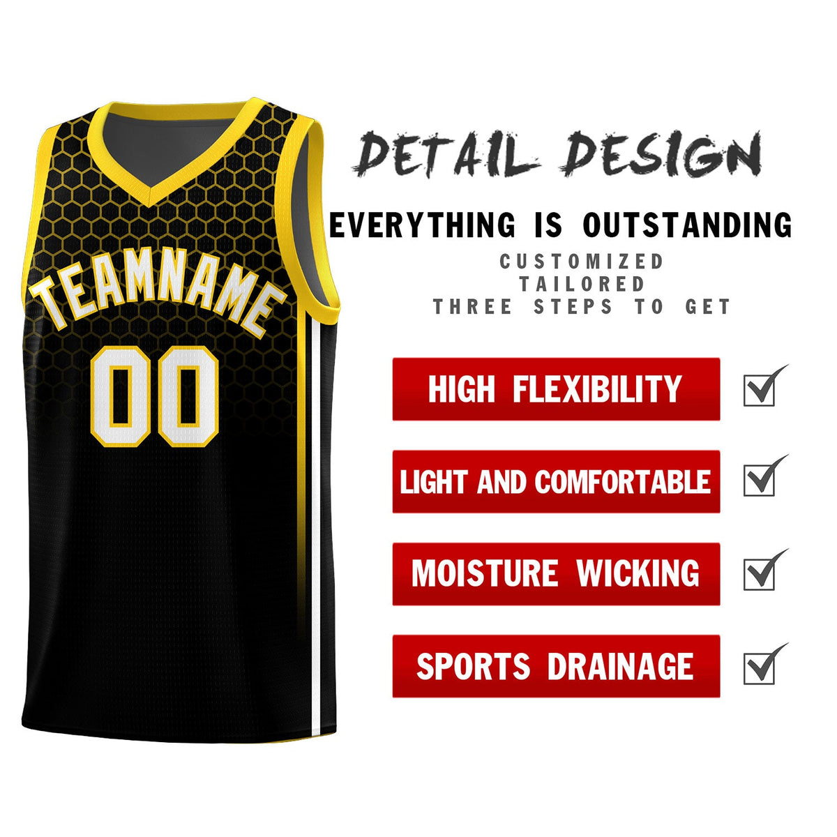 Custom Black Personalized Honeycomb Pattern Sports Uniform Basketball Jersey