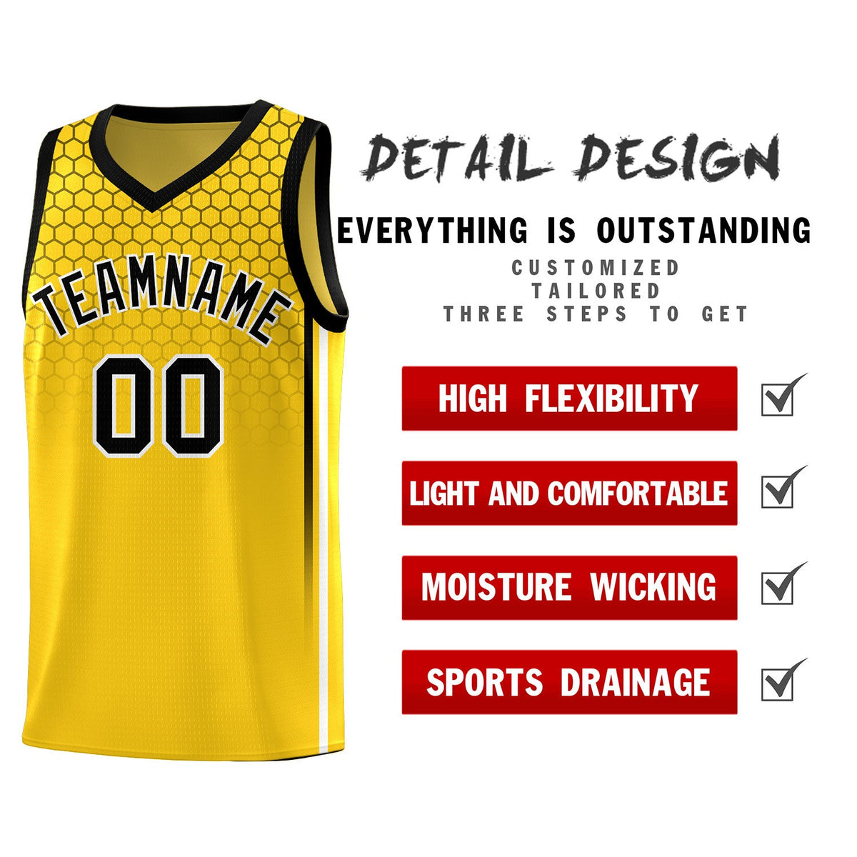 Custom Gold Personalized Honeycomb Pattern Sports Uniform Basketball Jersey