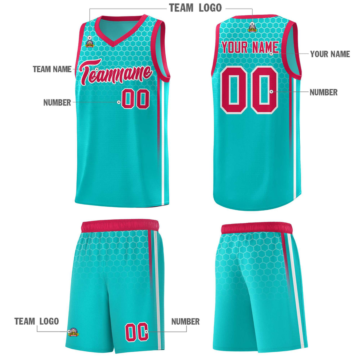 Custom Aqua Personalized Honeycomb Pattern Sports Uniform Basketball Jersey