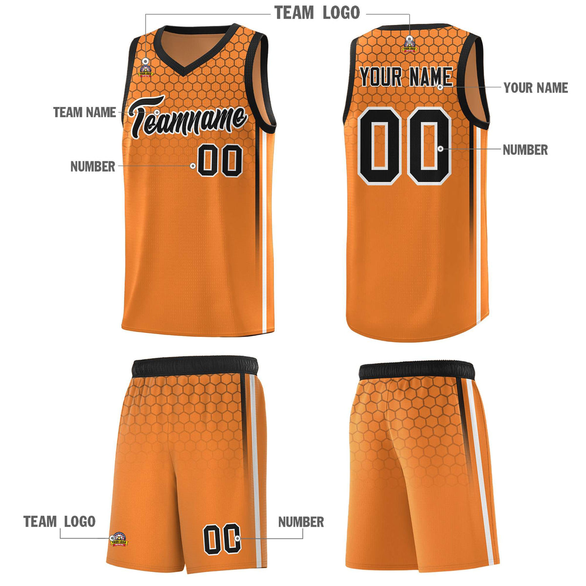 Custom Gold Orange Personalized Honeycomb Pattern Sports Uniform Basketball Jersey