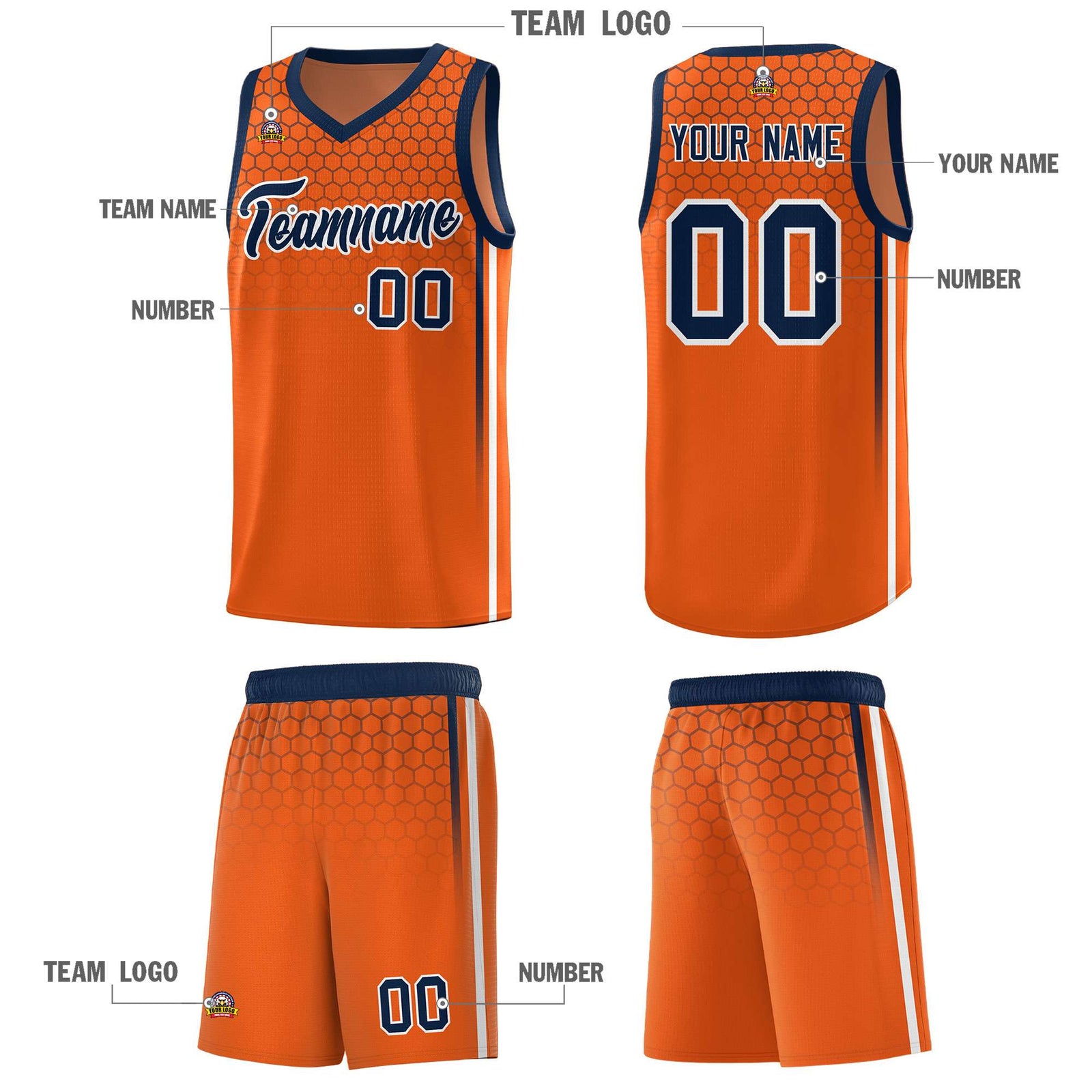 Custom Texas Orange Personalized Honeycomb Pattern Sports Uniform Basketball Jersey