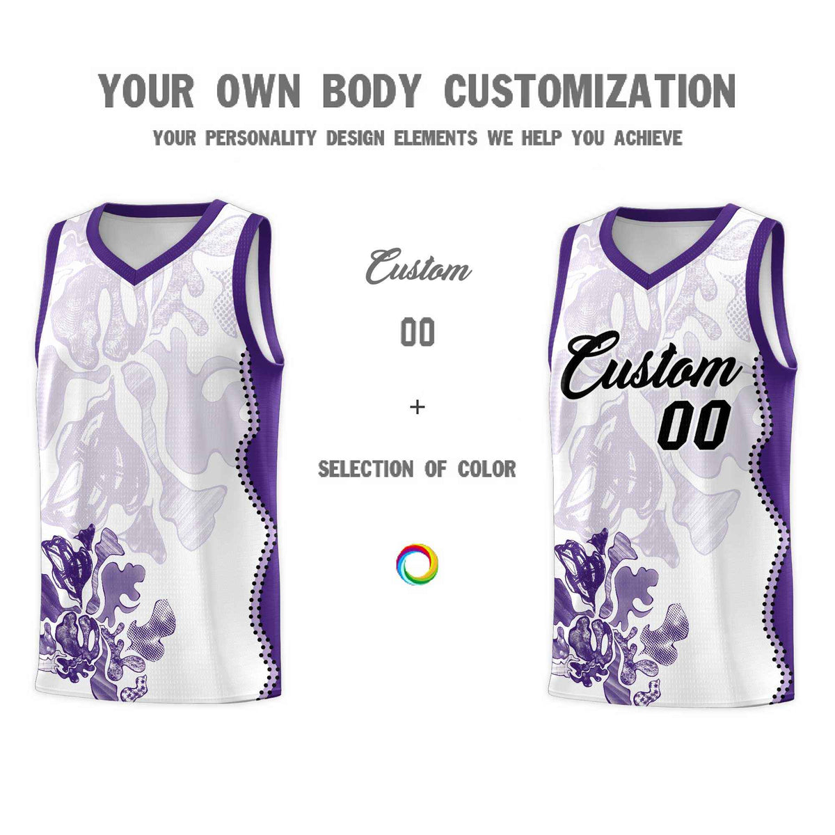 Custom White Purple Basketball Jersey - Illusion Flower Graffiti Moisture-wicking Fabric