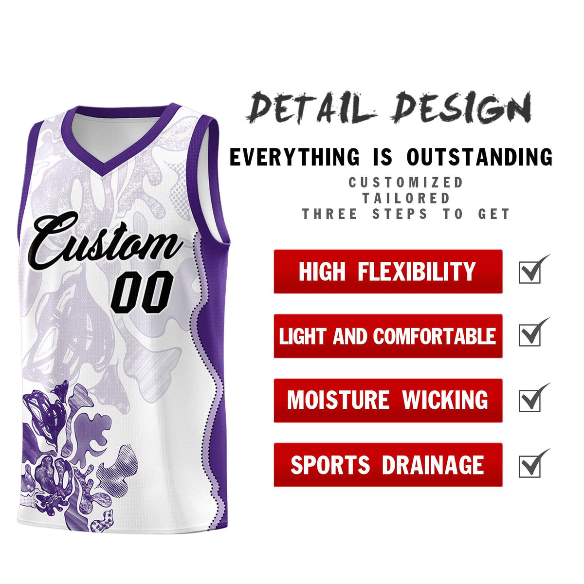 Custom White Purple Basketball Jersey - Illusion Flower Graffiti Moisture-wicking Fabric