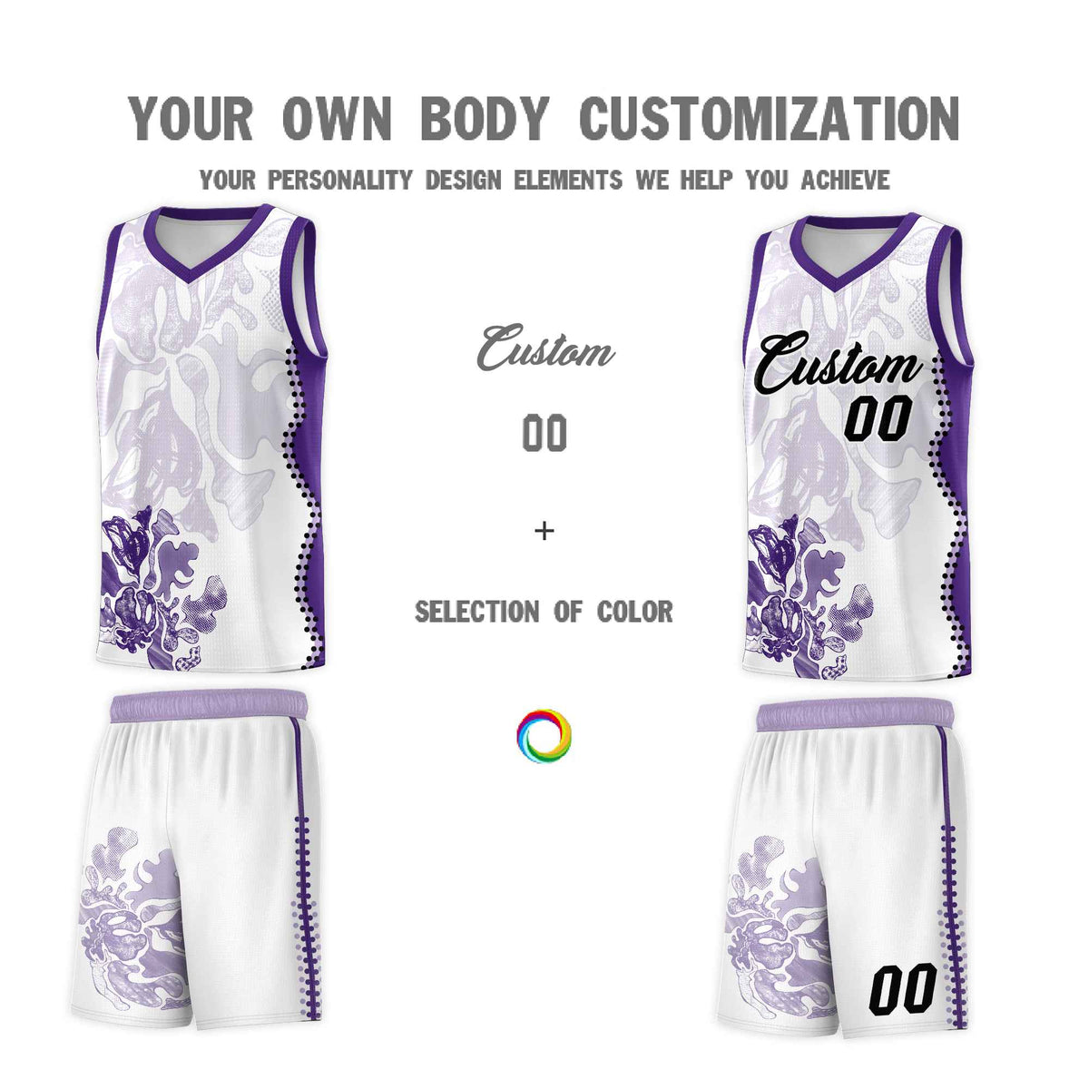 Custom White Purple Basketball Jersey - Illusion Flower Graffiti Moisture-wicking Fabric